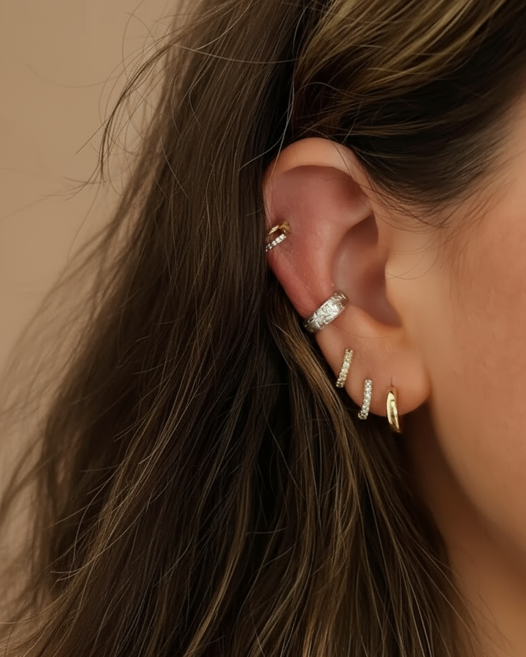 Close-up of an ear with multiple earrings against a neutral background