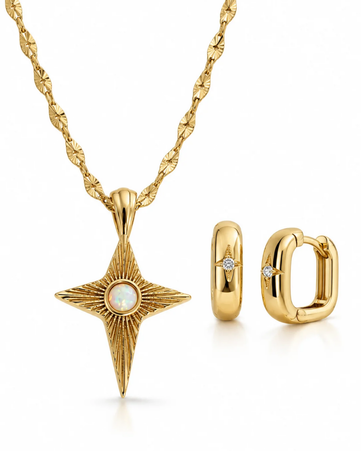 Gold Jewelry Set With Opal Starburst Necklace And Matching Huggie Hoop Earrings Celestial Design Pendant Features Radiating Lines Around Center Stone Gold Filled Chain With Adjustable Length Crystal Accent Hoops Complete Coordinated Gift