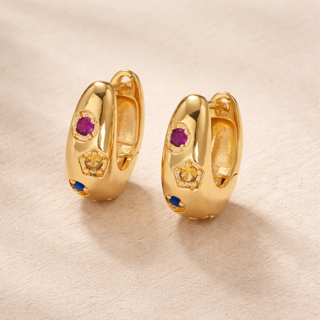 Multi Gemstone Gold Huggie Hoop Earrings