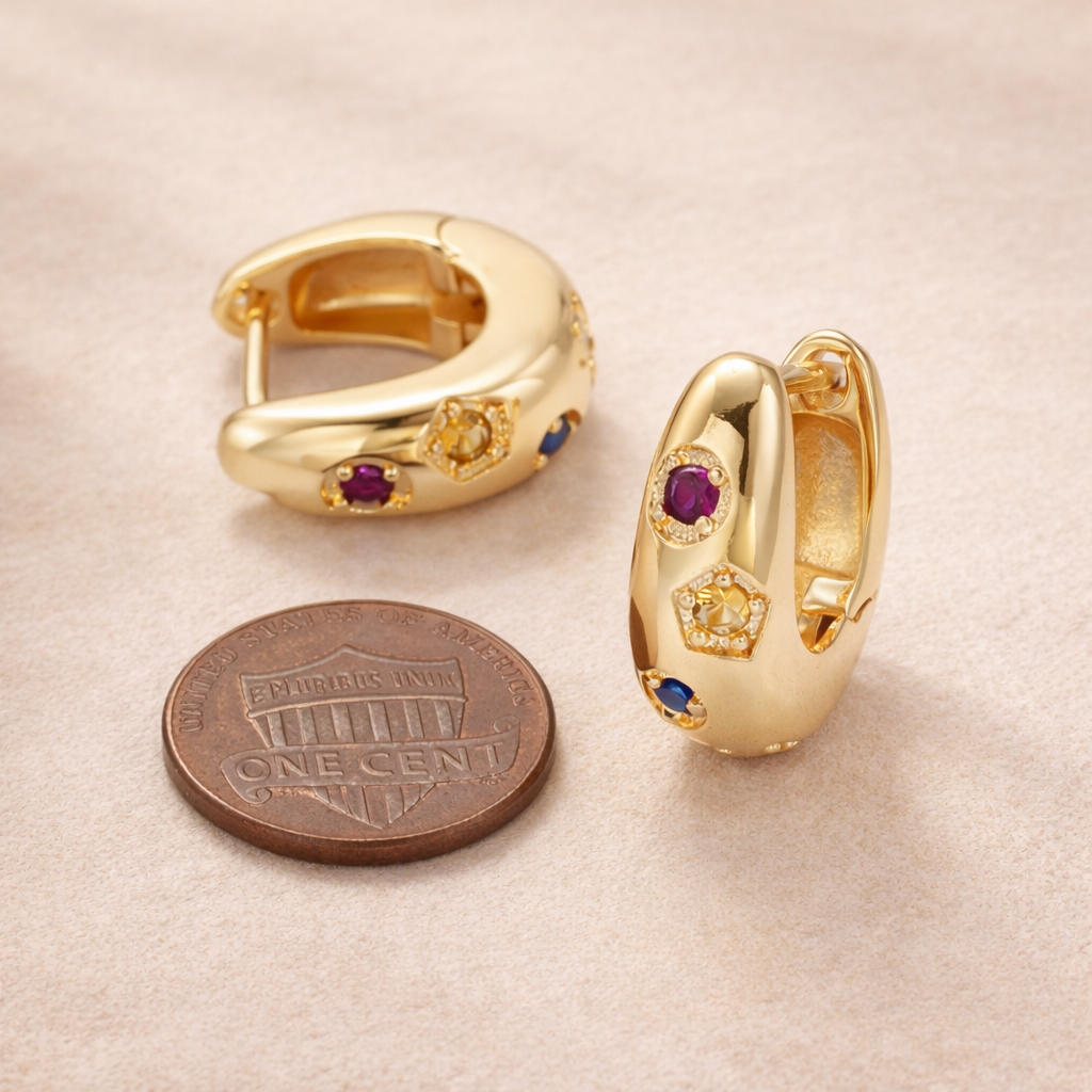 Multi Gemstone Gold Huggie Hoop Earrings