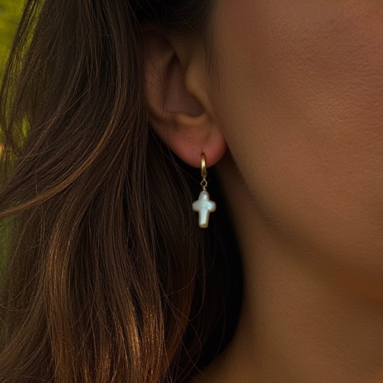 Pearl Cross Charm Hoops