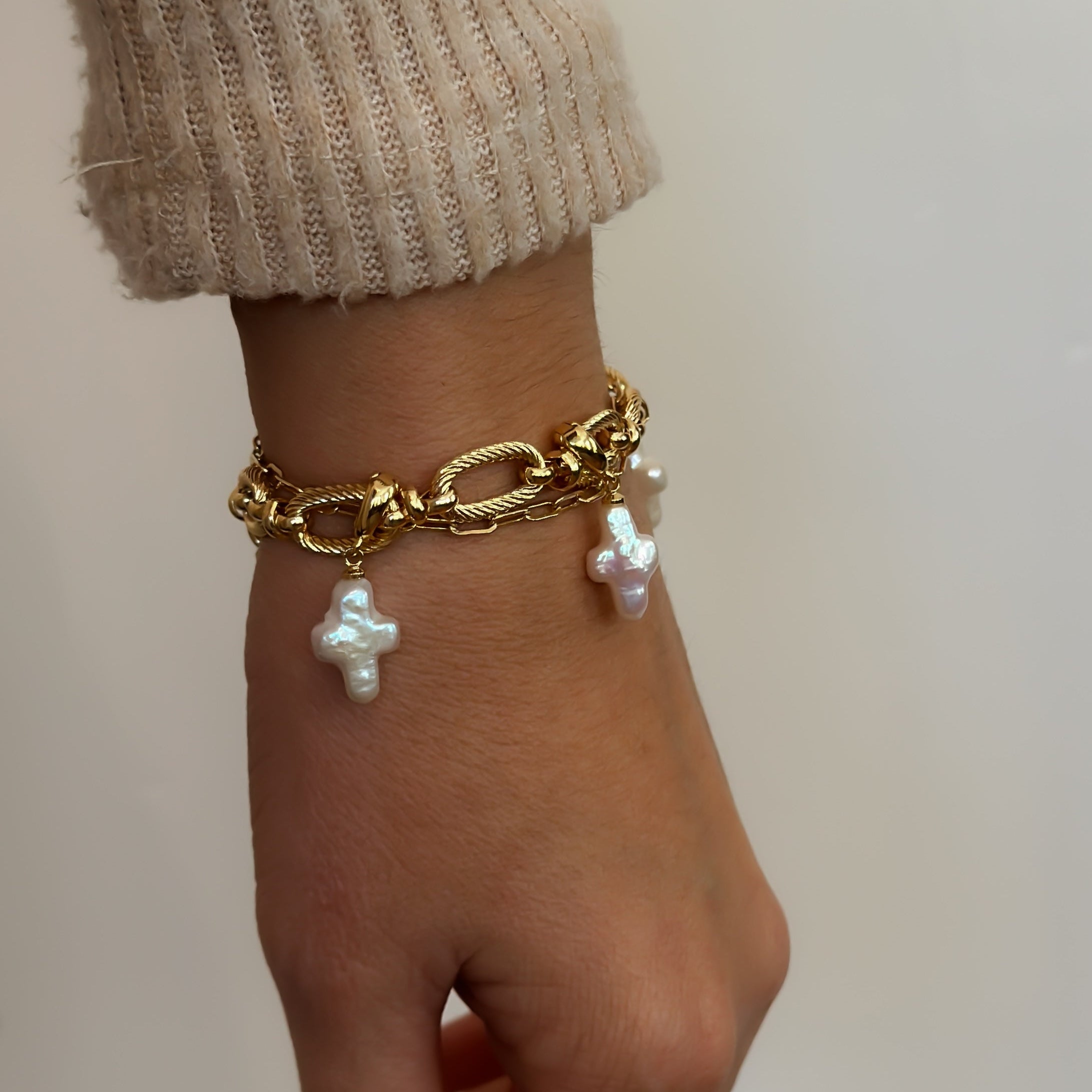 Pearl Cross Charm Bracelet