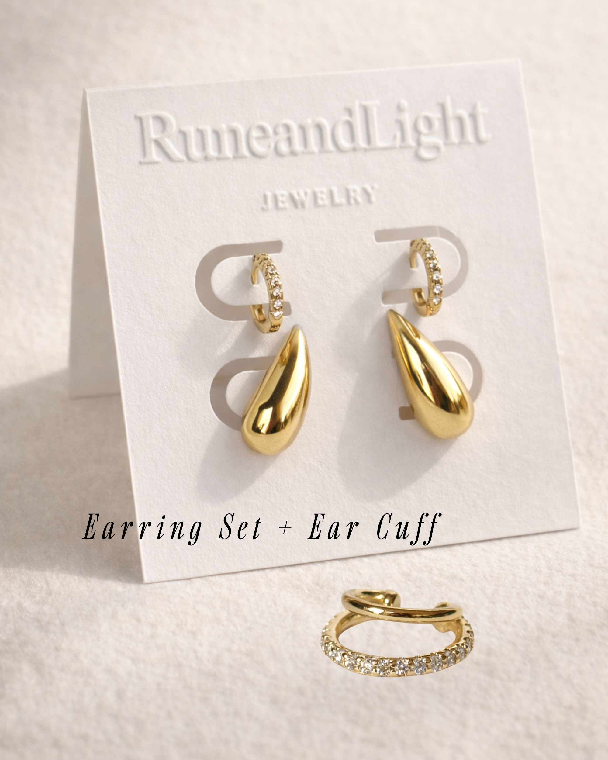 Golden Drip Earring Set - Teardrop Studs + Pavé Huggie Hoop Earrings