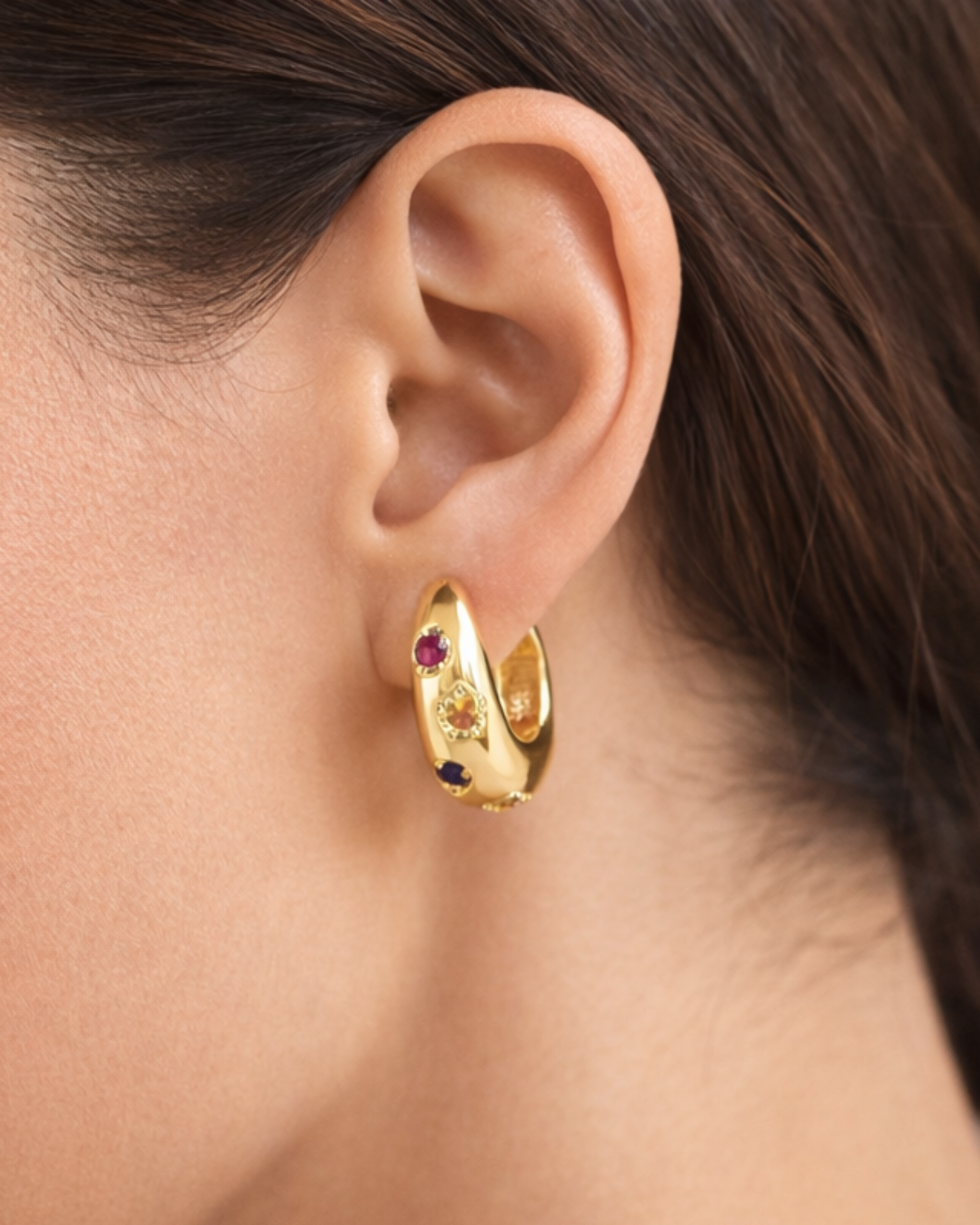 Multi Gemstone Gold Huggie Hoop Earrings