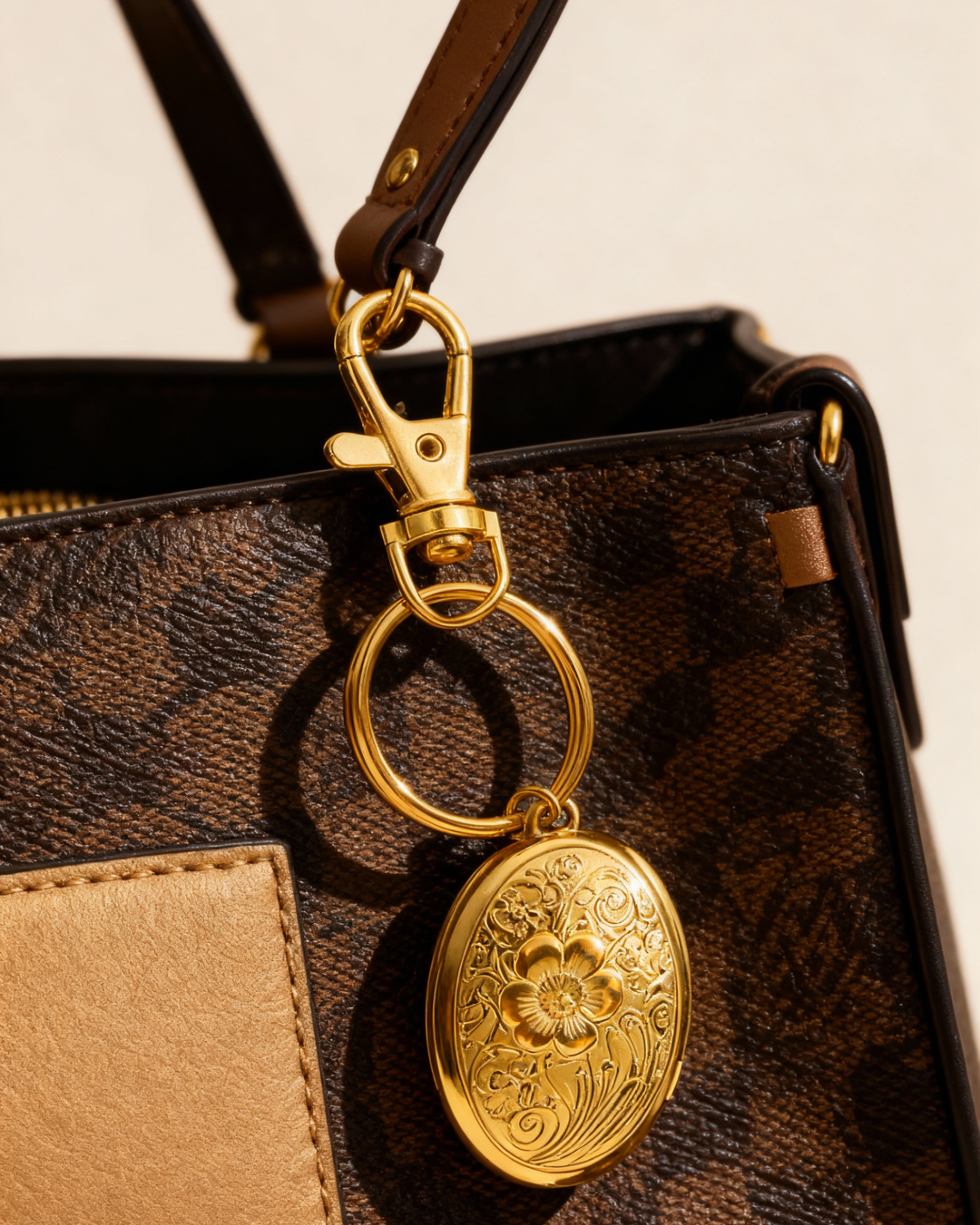 Gold Plated Photo Locket Key Chain Bag Charm Vintage Inspired Oval Frame Classic Memory Keeper Collection Beautiful Heirloom Quality Construction Swivel Clasp Attachment Fashion Forward Accessory Perfect Gift Essential Photo Display