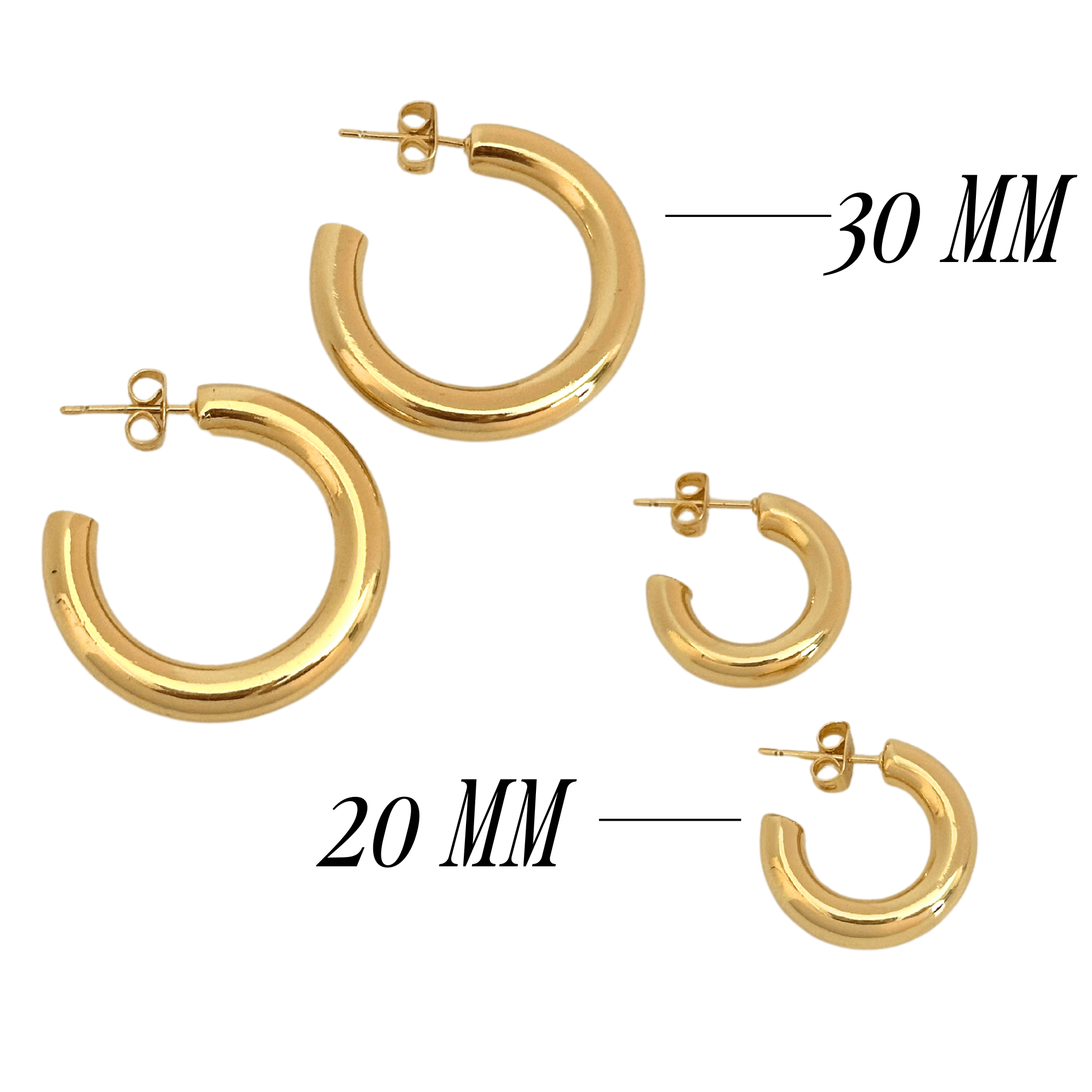 Gold hoop earrings in two sizes: 30 mm and 20 mm, displayed against a white background. These Cali Tube Hoops are the perfect staple hoops for any occasion.