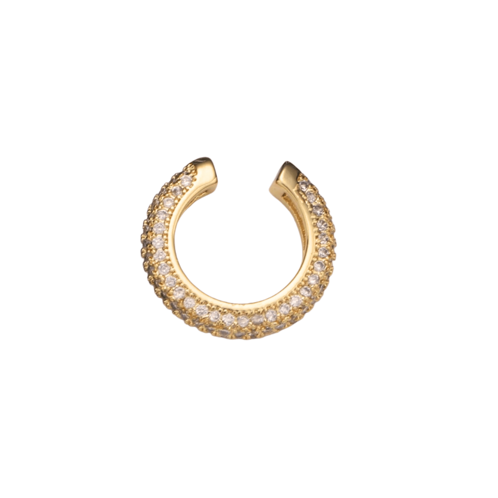 The Pave´ Wide Ear Cuff, a gold crescent-shaped ear cuff encrusted with small sparkling diamonds, provides a glamorous look without the need for piercing.