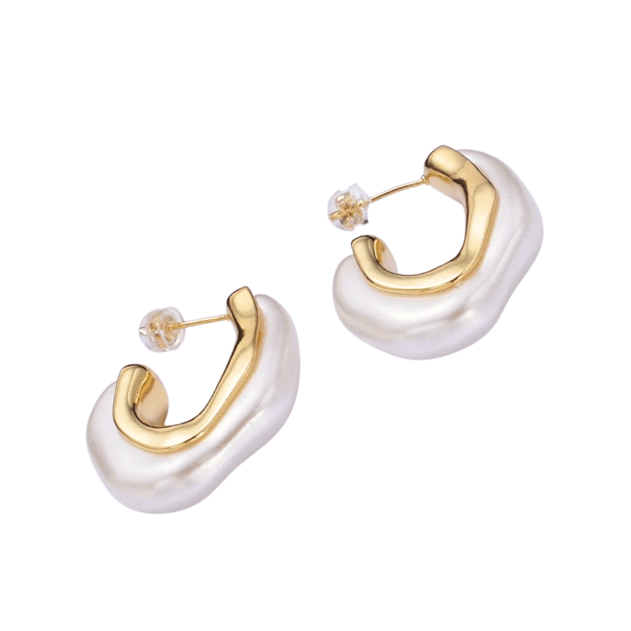 Two Vacay Pearl Hoop Earrings, featuring a modern and chunky design in gold and white with a glossy finish and an abstract touch—ideal for summer events.