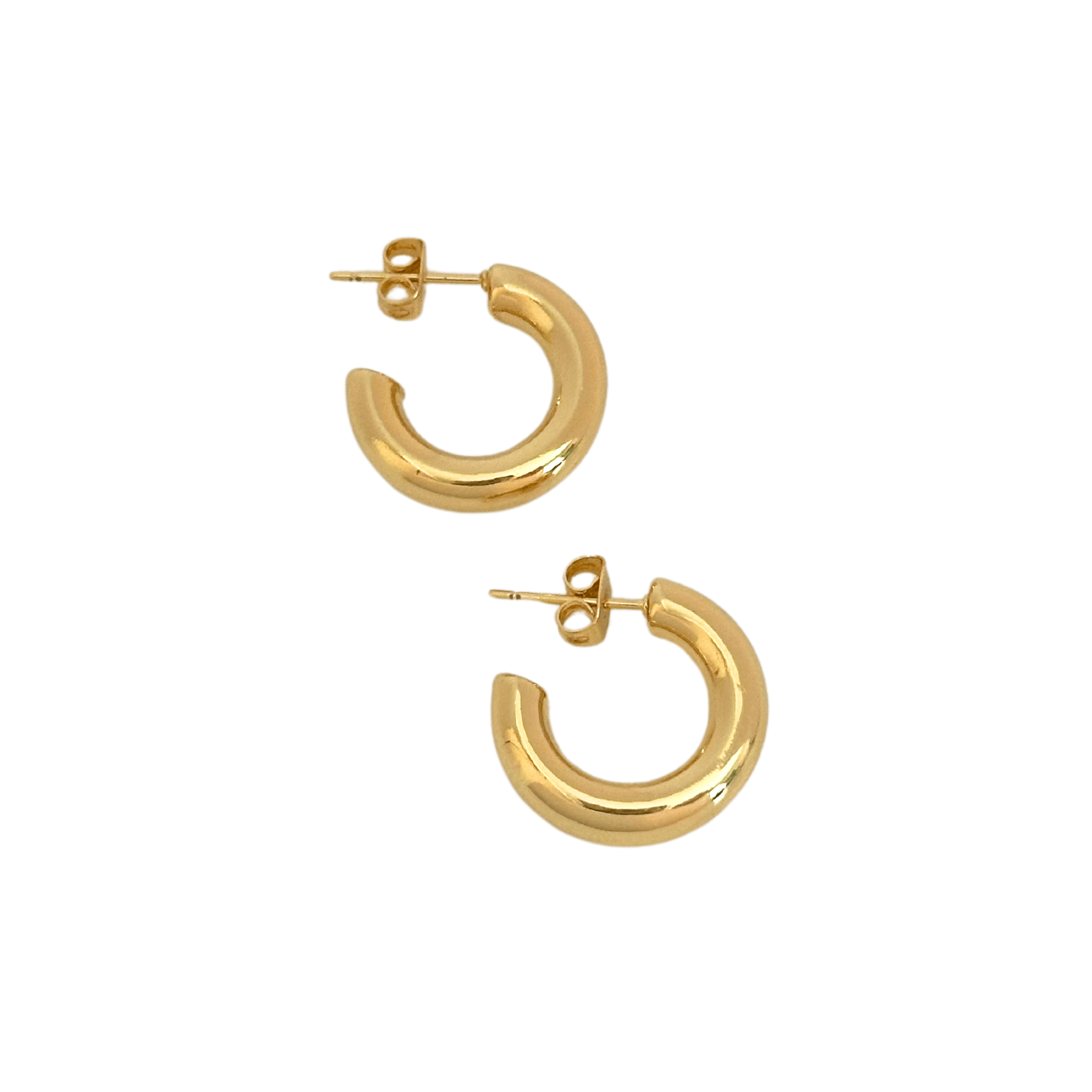 A pair of Cali Tube Hoops, small, shiny, lightweight gold hoop earrings with post backings.