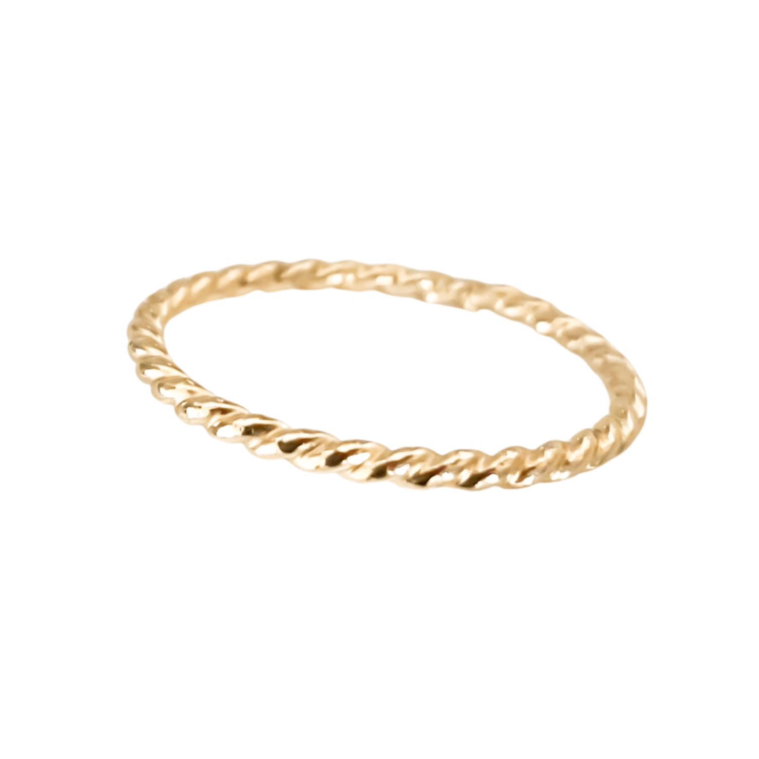 A delicate Thin Twist Band made from 14k gold fill on a white background, perfect for stacking.
