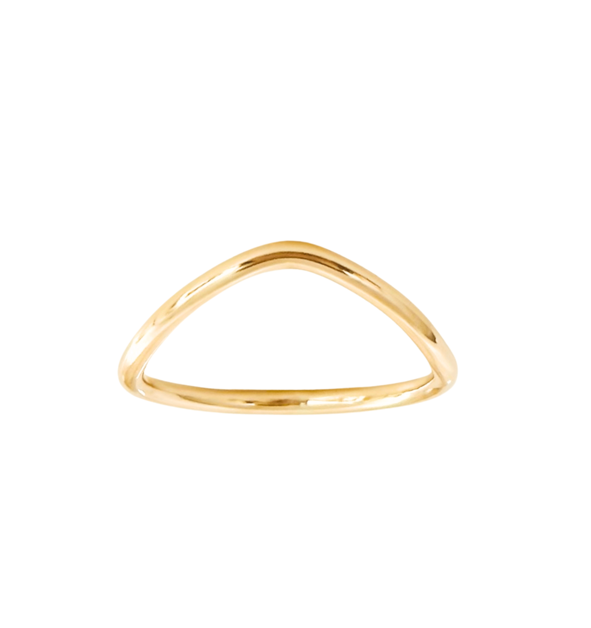 The Peak Ring is a simple yet elegant 14k gold-filled accessory, featuring a sleek, curved design on a white background. Perfect for stacking and tarnish-proof to ensure lasting beauty.