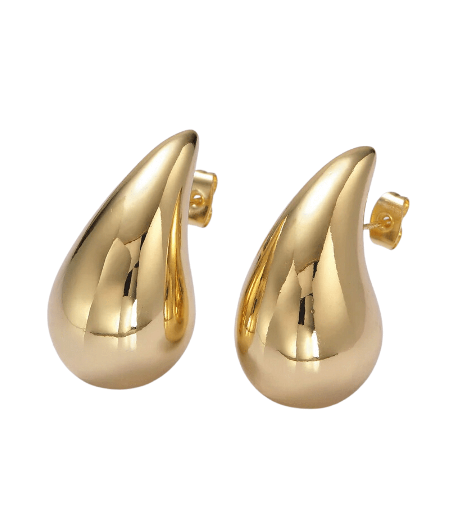 Teardrop Dome Earrings featuring a chic gold design with a shiny, polished finish and trendy stud backings.