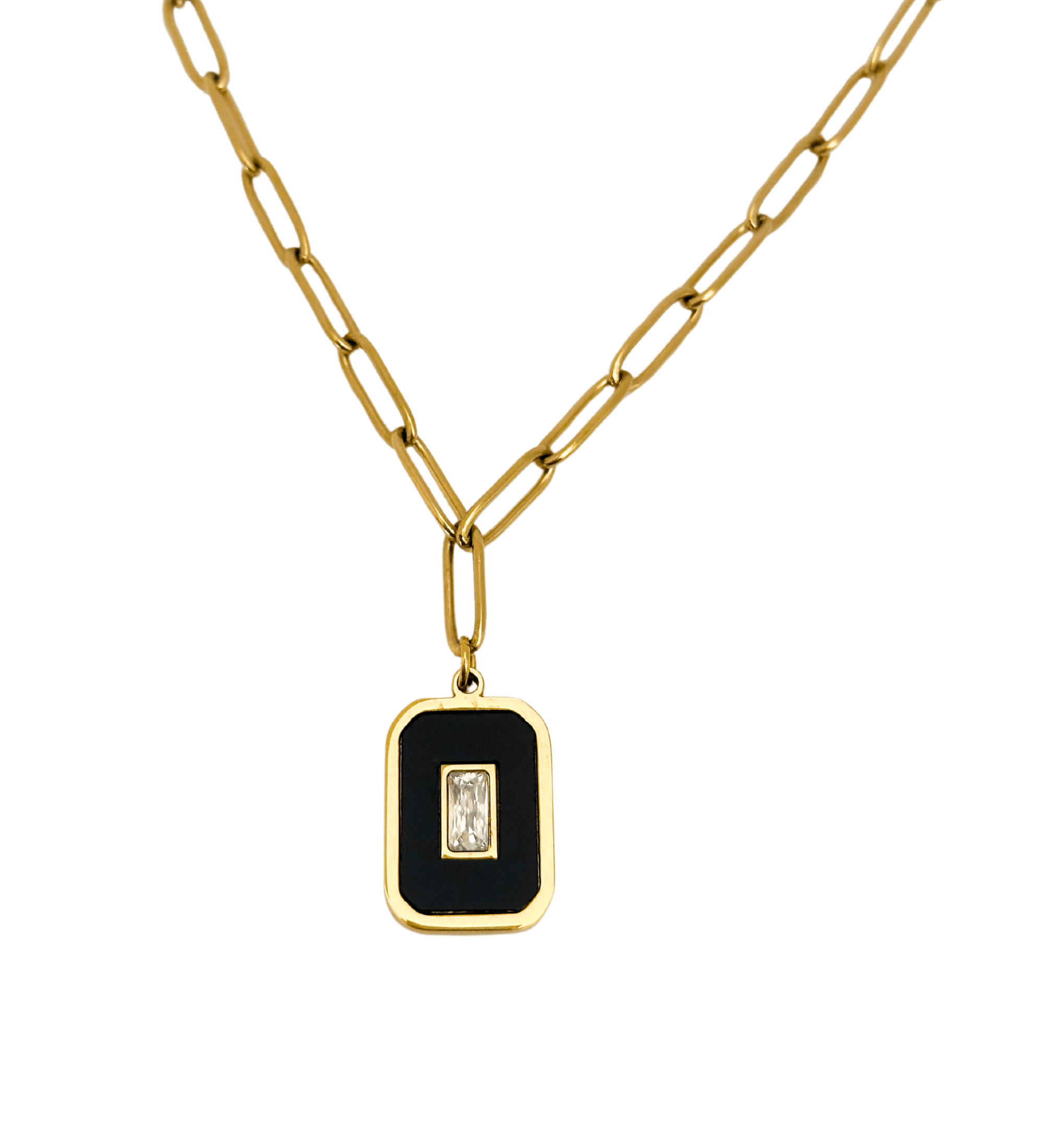 The Eve Necklace: A gold chain necklace adorned with a rectangular black hexagon pendant, showcasing a central clear baguette stone.