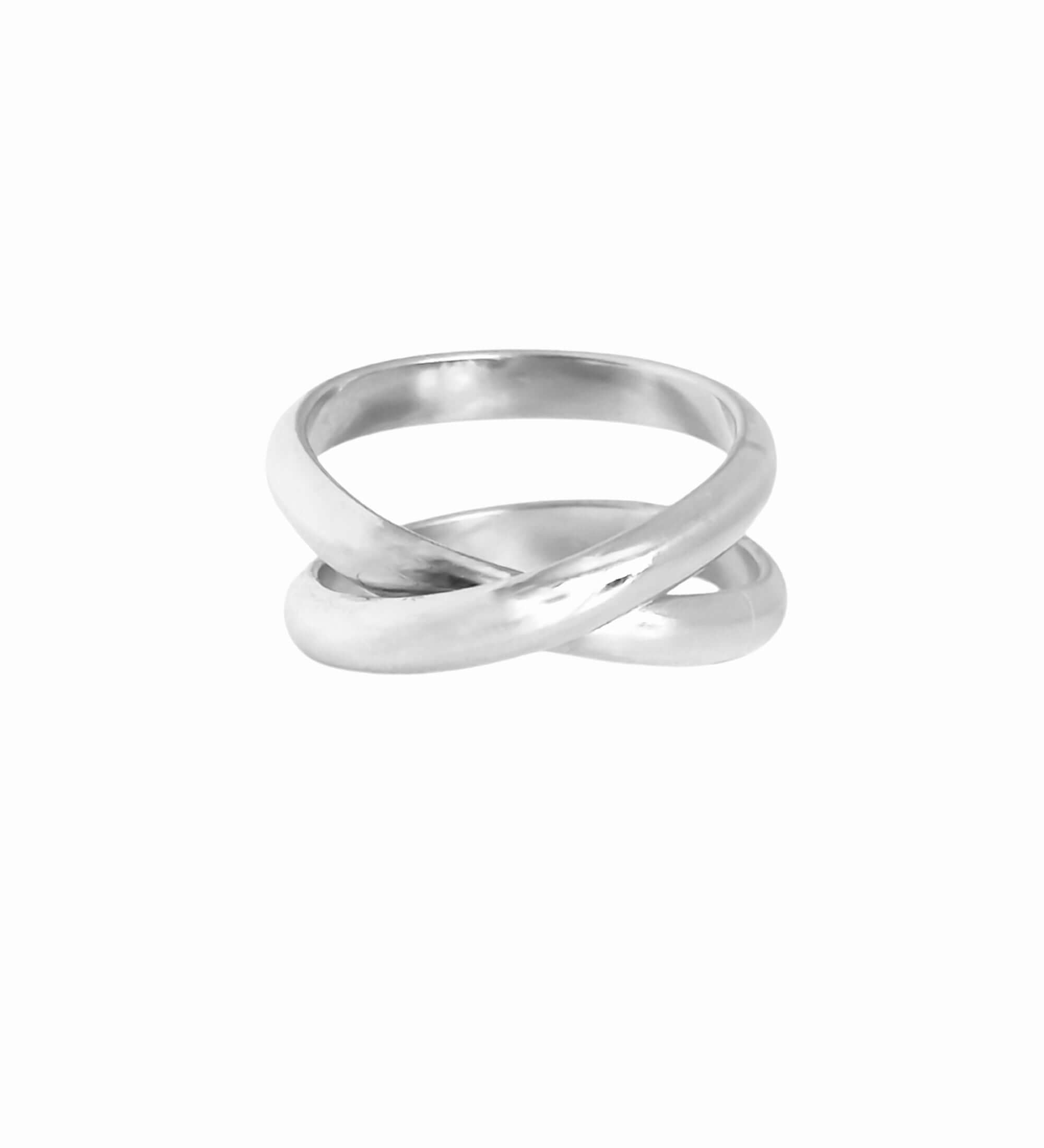 The "Crossover Ring" features a silver intertwined double-band design displayed against a white background.