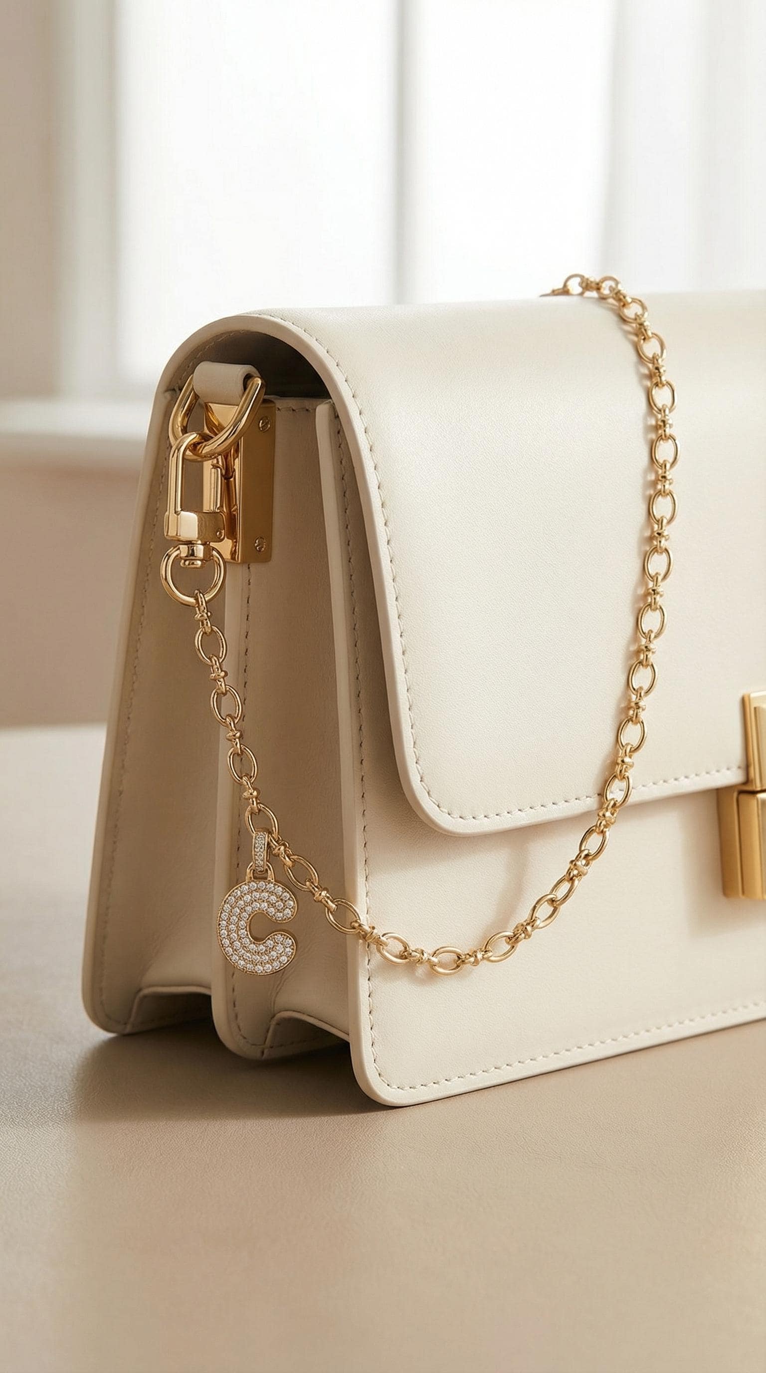 Gold Chain Initial Personalized Crystal Charm Pave Bubble Letter Design Luxury Bag Accessory Sparkly Monogram Pendant Fashionable Purse Decoration Custom Gift Idea Elegant Handbag Addition Trendy Accessory Collection Stylish Keepsake Item