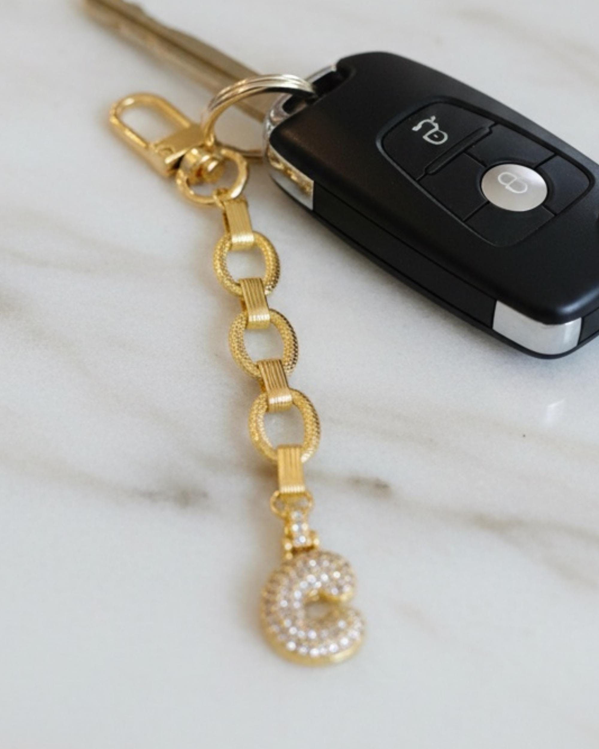 Custom Initial Charm Bubble Letter Design Personalized Keychain Gold Monogram Accessory Crystal Decorated Alphabet Character Elegant Gift Option Special Occasion Present Birthday Gift Idea Holiday Present Choice Stylish Bag Addition Purse