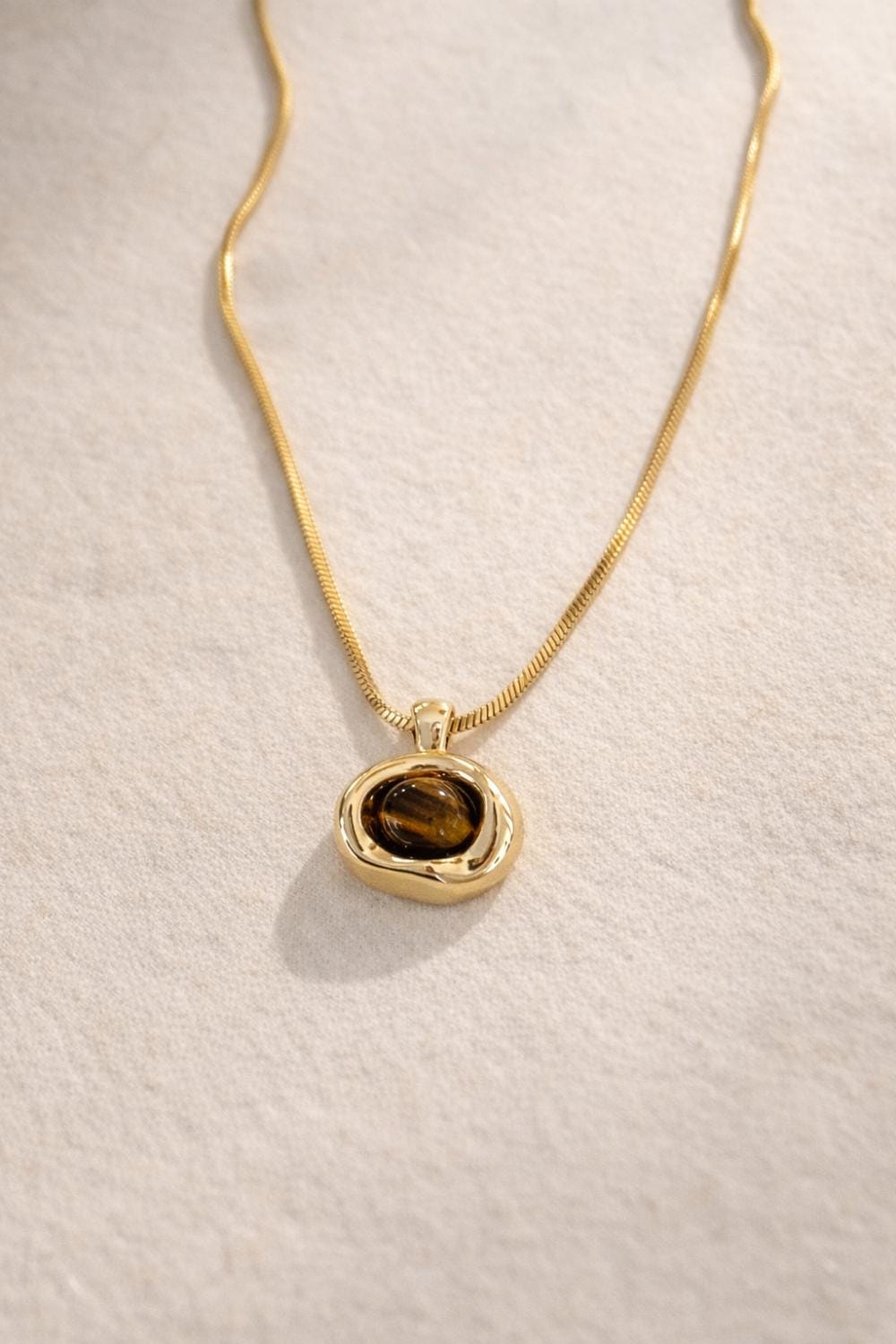 Molten Gemstone Necklace Gold Mother of Pearl or Tiger’s Eye Pendant 18K Gold Stainless Steel Non Tarnish Minimalist Jewelry