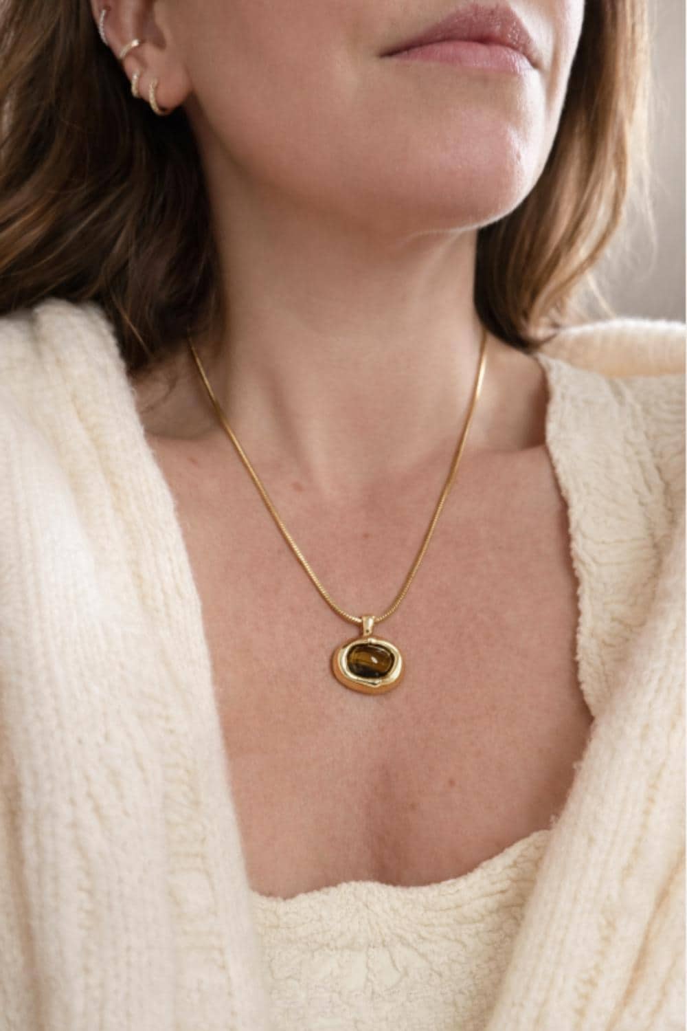 Molten Gemstone Necklace Gold Mother of Pearl or Tiger’s Eye Pendant 18K Gold Stainless Steel Non Tarnish Minimalist Jewelry
