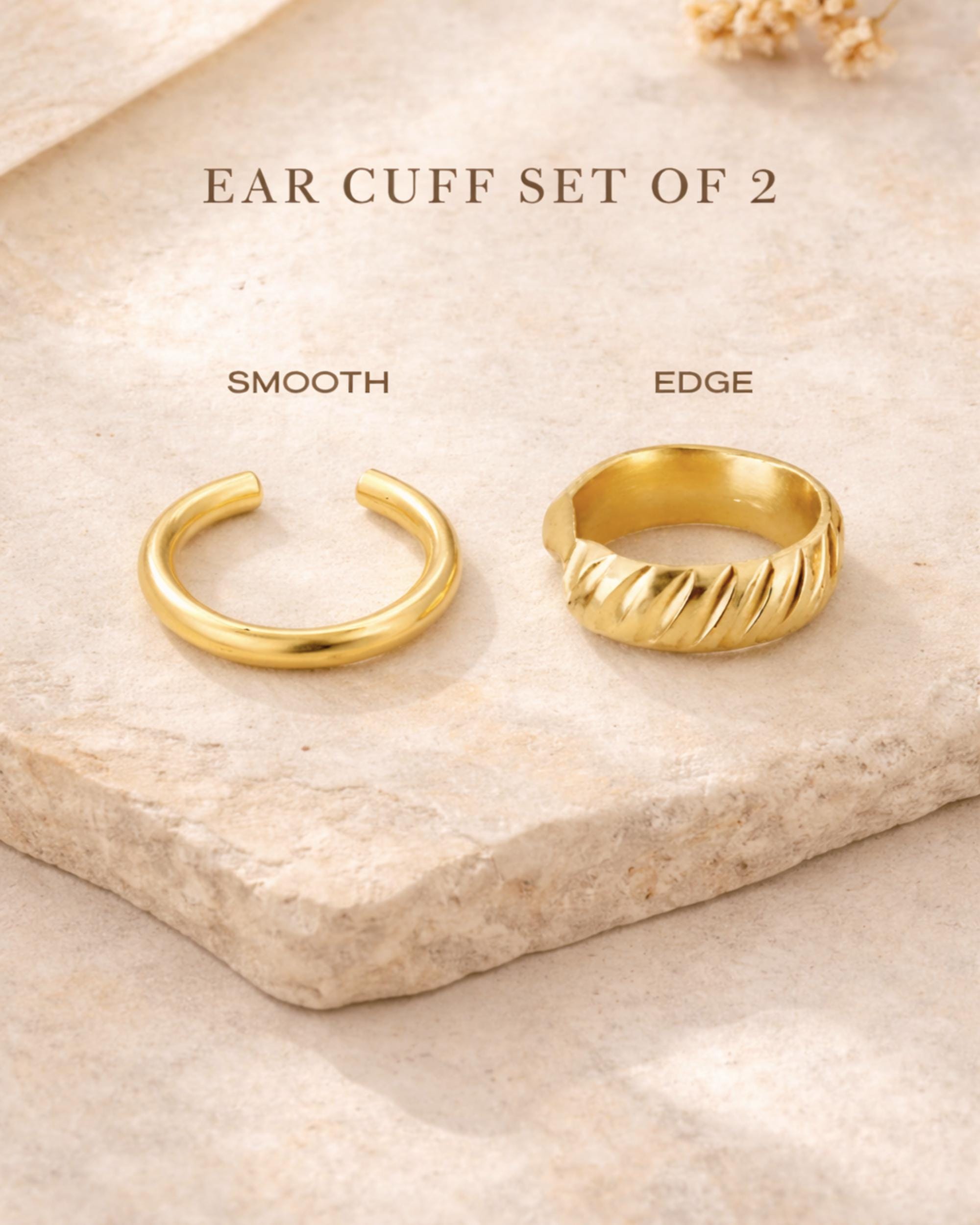 Gold Ear Cuff Set of 2 Minimalist Style Waterproof Ear Cuffs Non Pierced Design Adjustable Fit Comfortable Everyday Wear Jewelry Gift Set