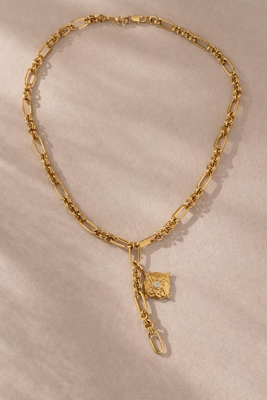 Gold Lariat Necklace Textured Pendant Paperclip Chain Drop Modern Statement Charm Layered Y Gift for Her