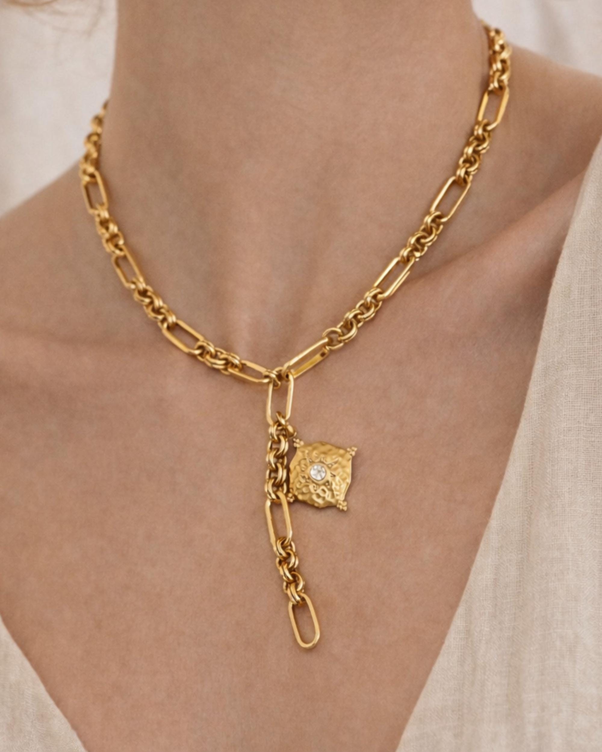 Gold Lariat Necklace Textured Pendant Paperclip Chain Drop Modern Statement Charm Layered Y Gift for Her