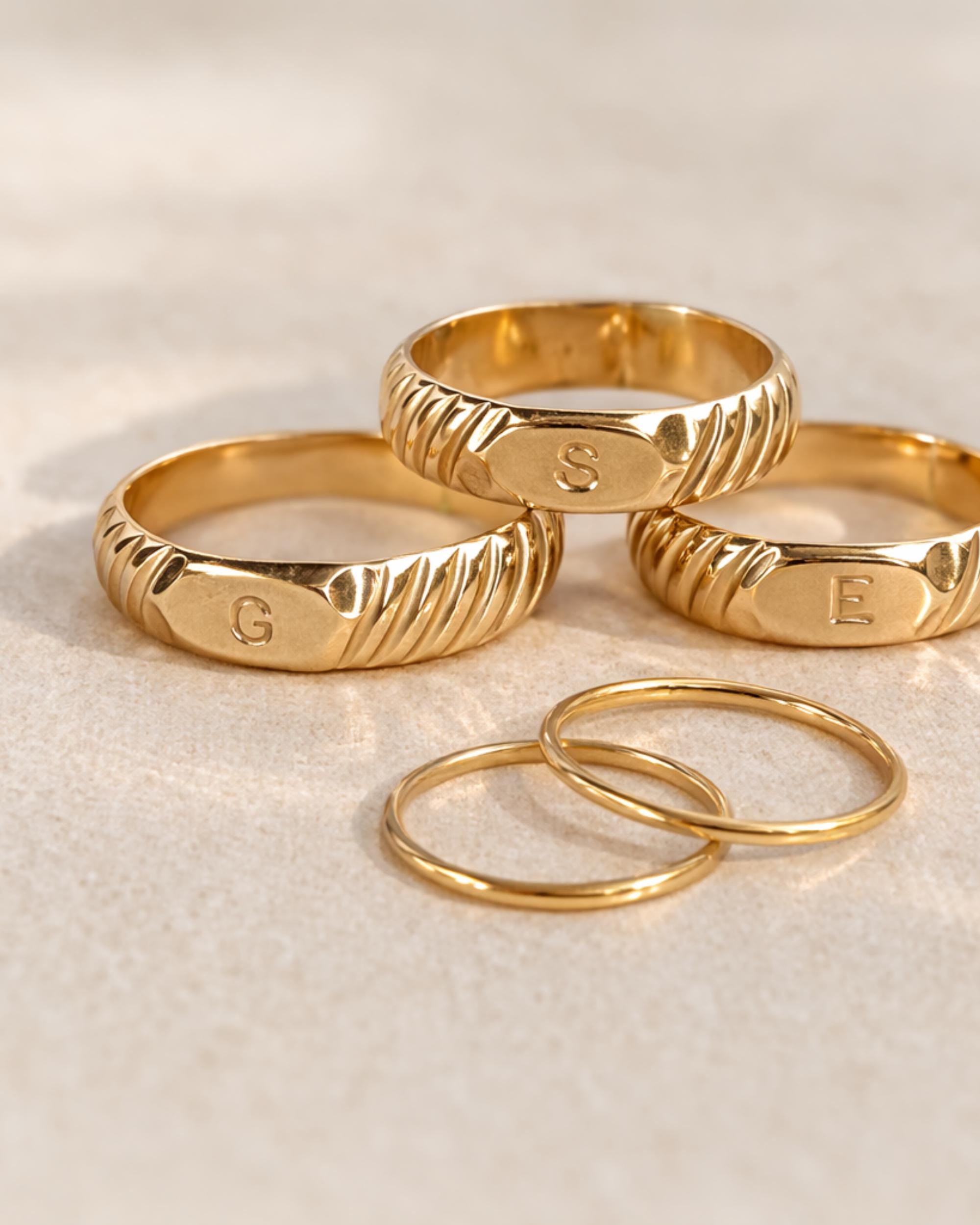 Initial Signet Ring Gold Filled Set Personalized Gift Idea Custom Letter Design Monogram Jewelry Collection Birthday Present Special Occasion Ring Dainty Band Pairing Minimalist Style Everyday Wear Accessory Handmade Crafted Quality Stamped