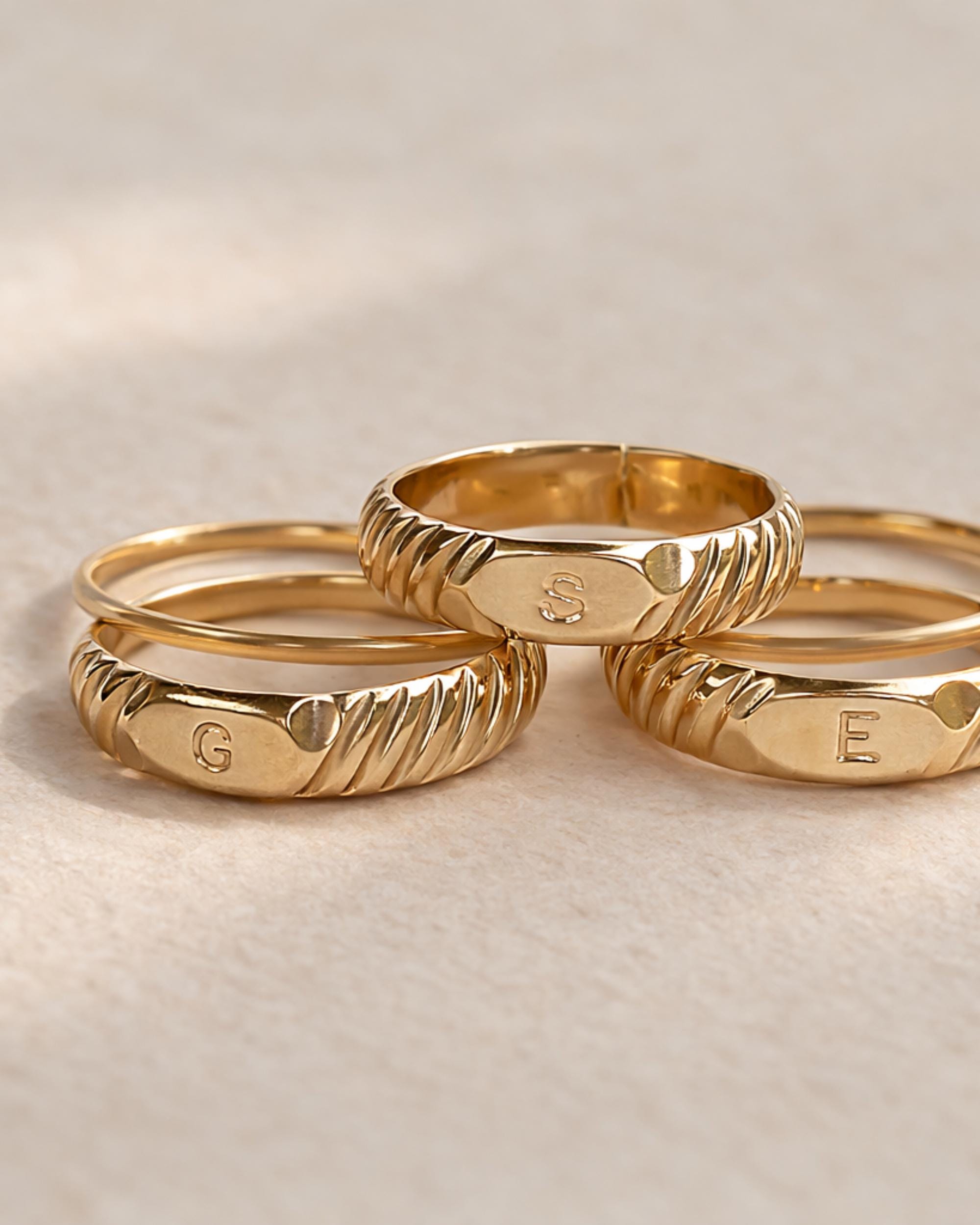 Ring Set Initial Signet Gold Filled Stacking Jewelry Set Personalized Gift Birthday Minimalist Design Custom Letter Monogram Dainty