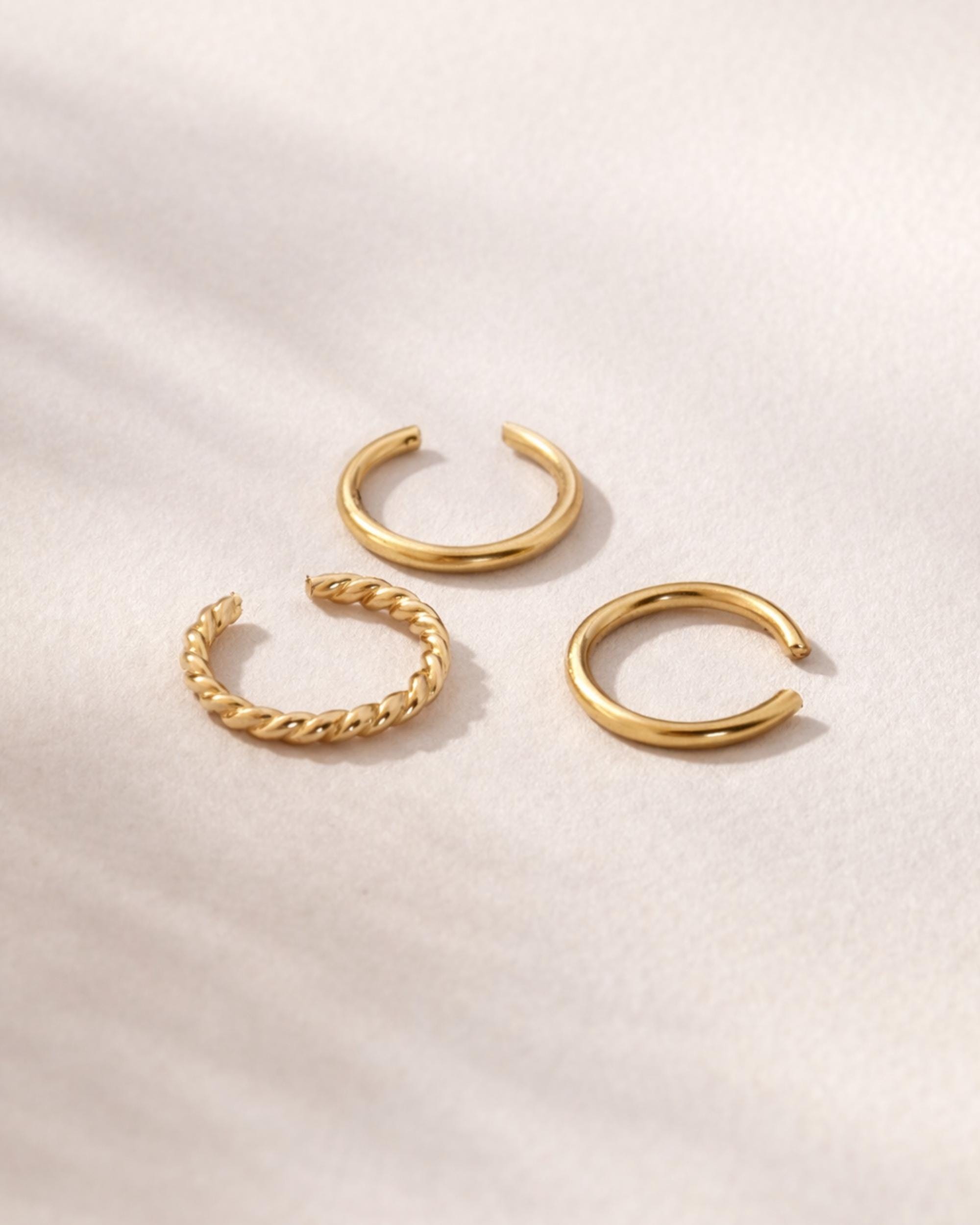 Gold Hoop Earring Set Filled Matching Cuff Non Pierced Ear Alternative Minimalist Jewelry Statement Piece Chunky Design Twisted Rope