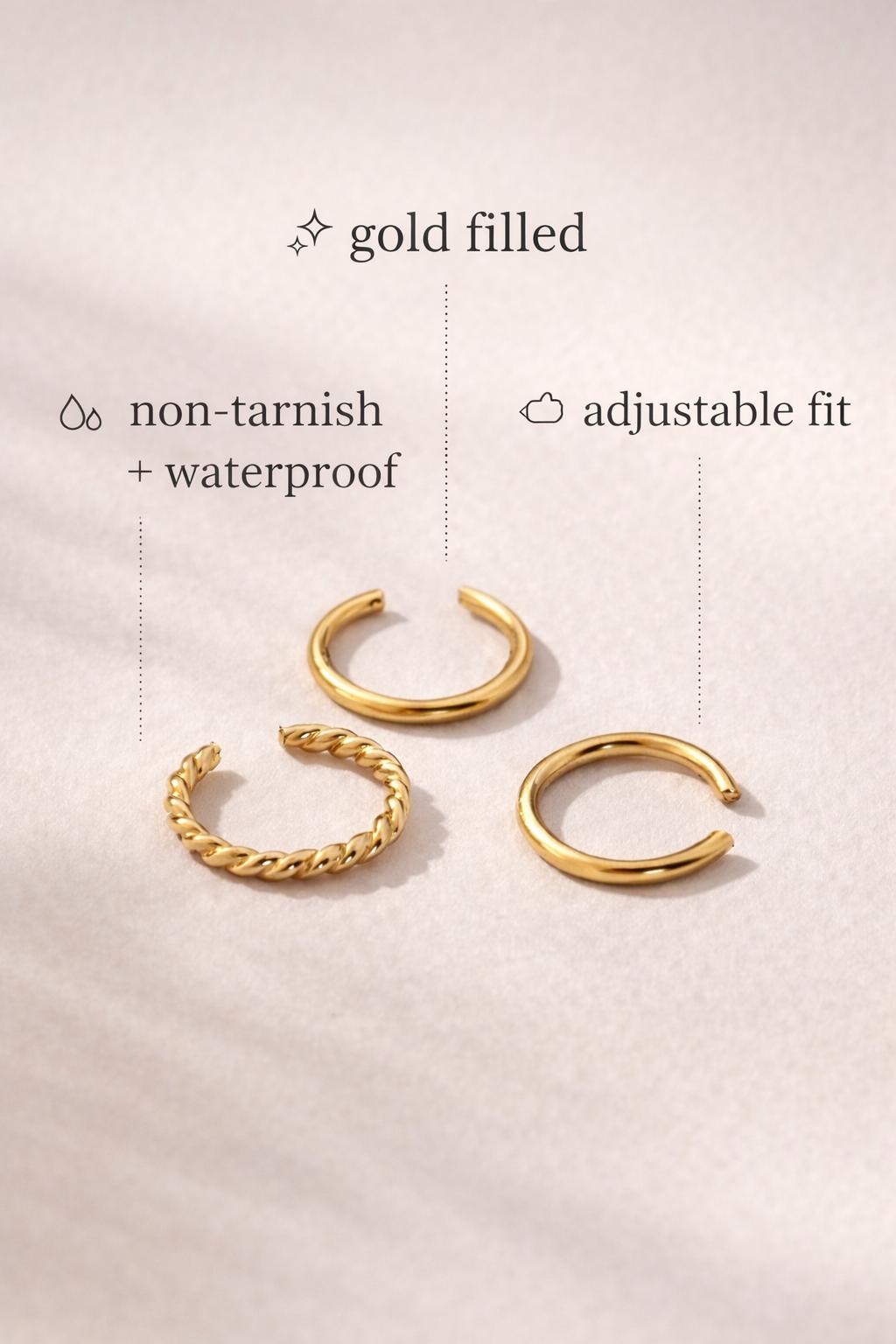 Gold Hoop Earring Set Filled Matching Cuff Non Pierced Ear Alternative Minimalist Jewelry Statement Piece Chunky Design Twisted Rope