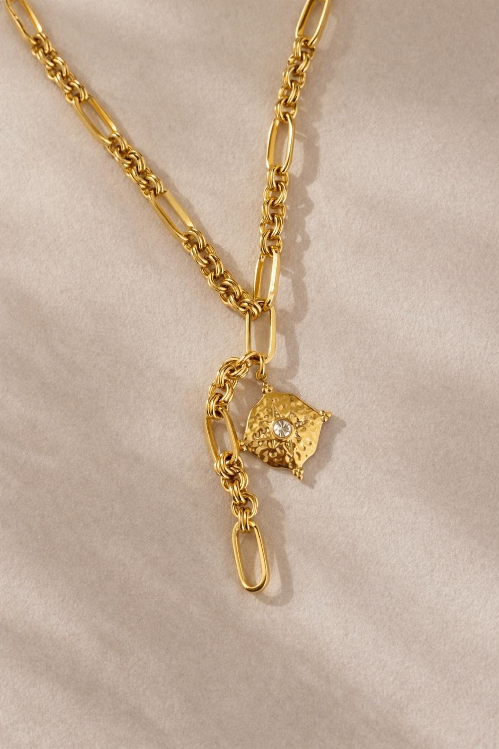 Gold Lariat Necklace Textured Pendant Paperclip Chain Drop Modern Statement Charm Layered Y Gift for Her