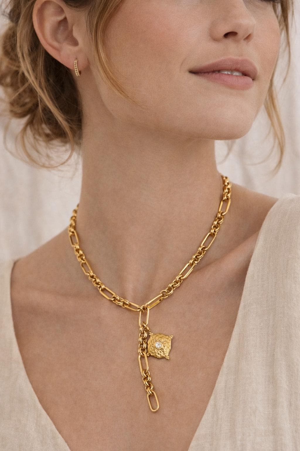 Gold Lariat Necklace Textured Pendant Paperclip Chain Drop Modern Statement Charm Layered Y Gift for Her