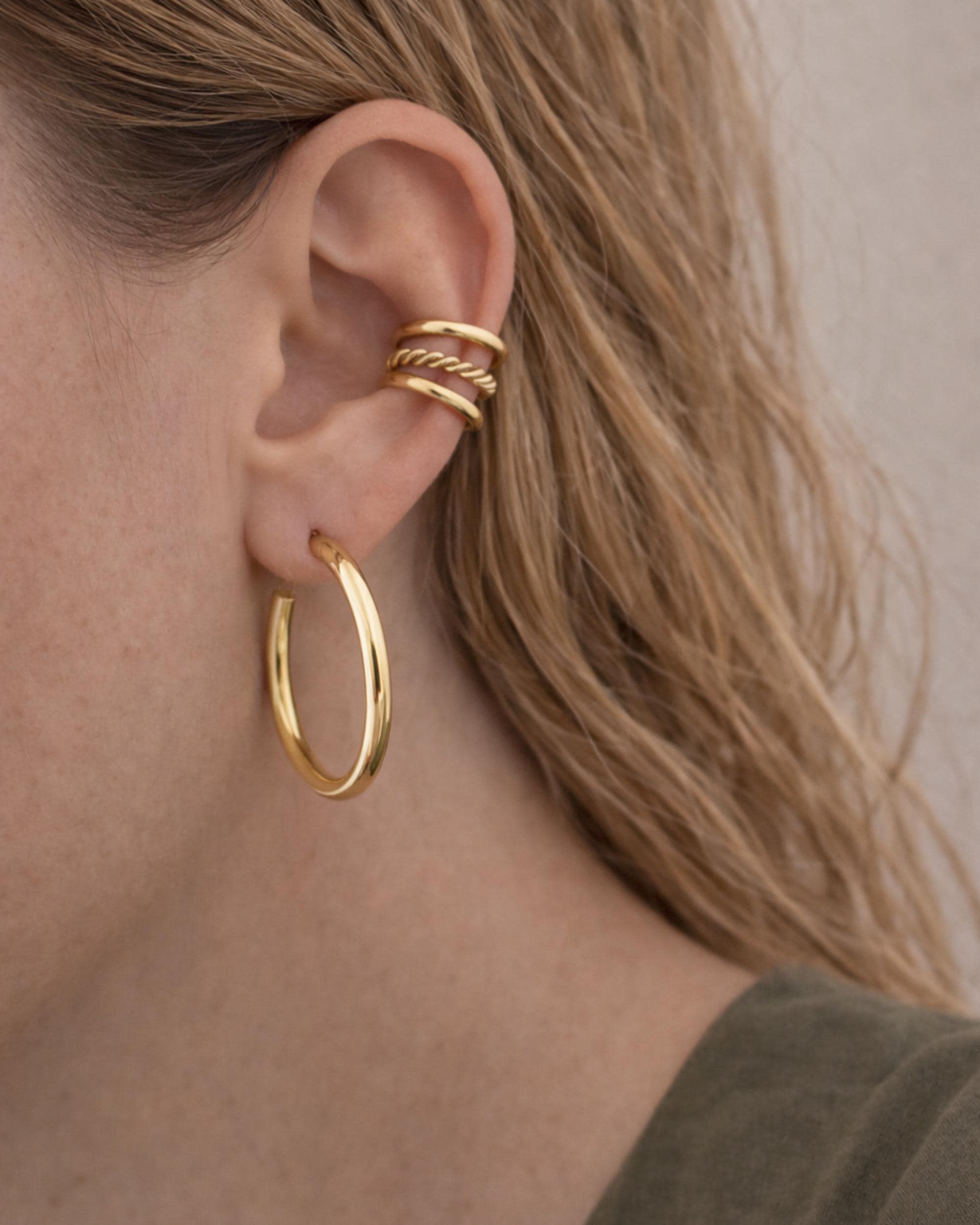 Statement Jewelry Piece Gold Filled Hoops Matching Ear Cuff Twisted Rope Pattern Chunky Design Element Non Pierced Alternative Option Adjustable Comfort Fit Lightweight Tube Construction Forty Millimeter Size Fashion Forward Accessory