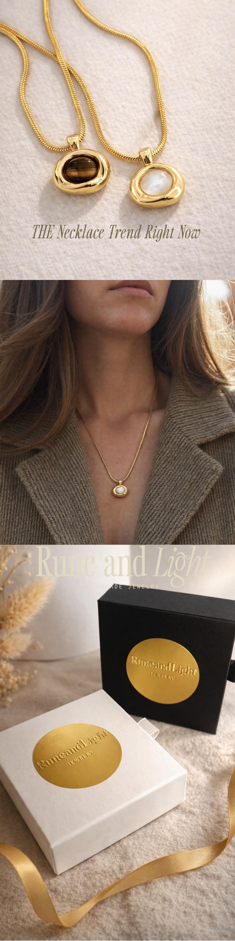 Molten Gemstone Necklace Gold Mother of Pearl or Tiger’s Eye Pendant 18K Gold Stainless Steel Non Tarnish Minimalist Jewelry
