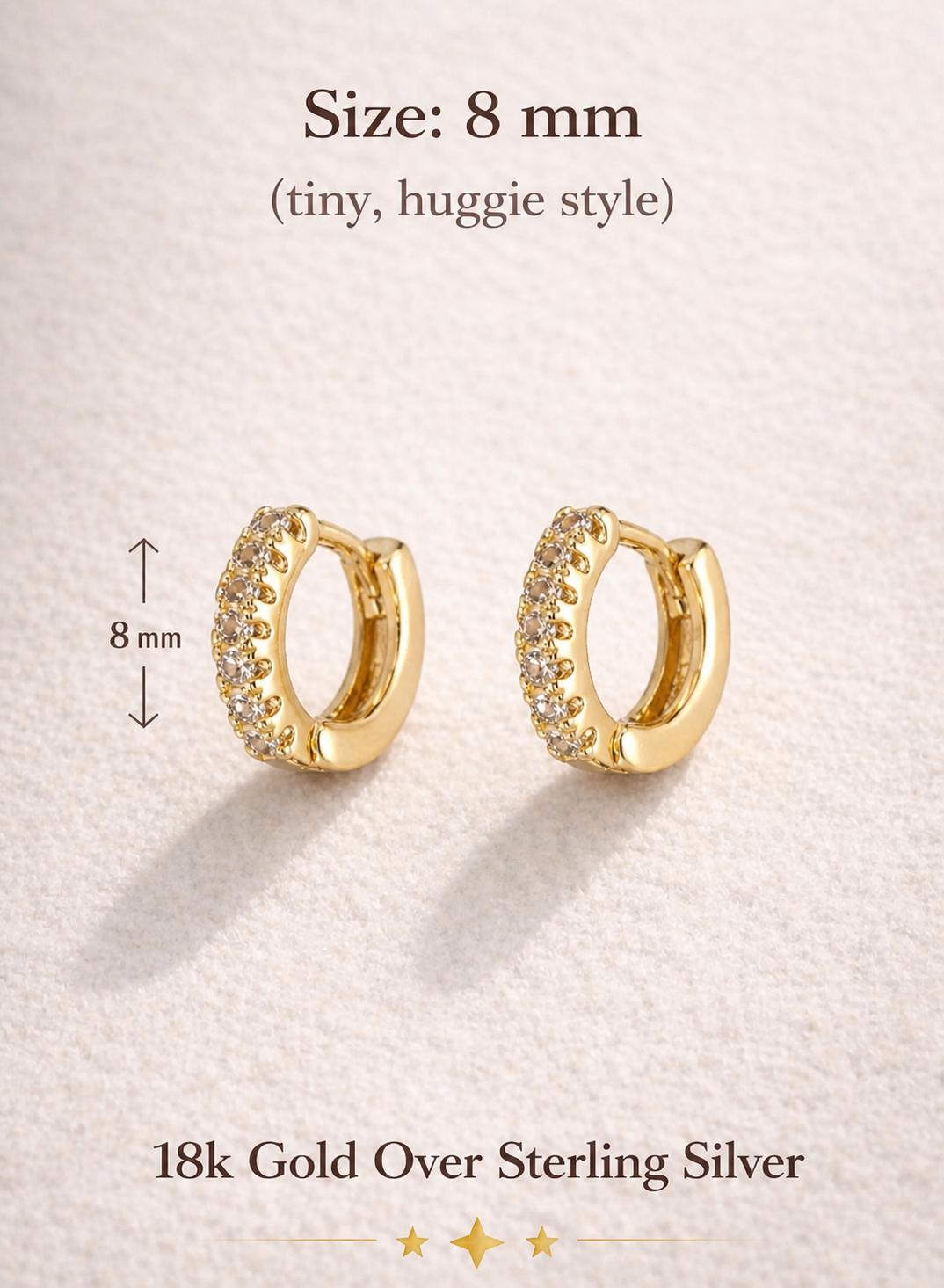 Tiny Gold Huggie Hoop Earrings, 8mm Pave Hoops, Dainty Stacking Earrings, Second Piercing Jewelry, Hypoallergenic Sterling Silver