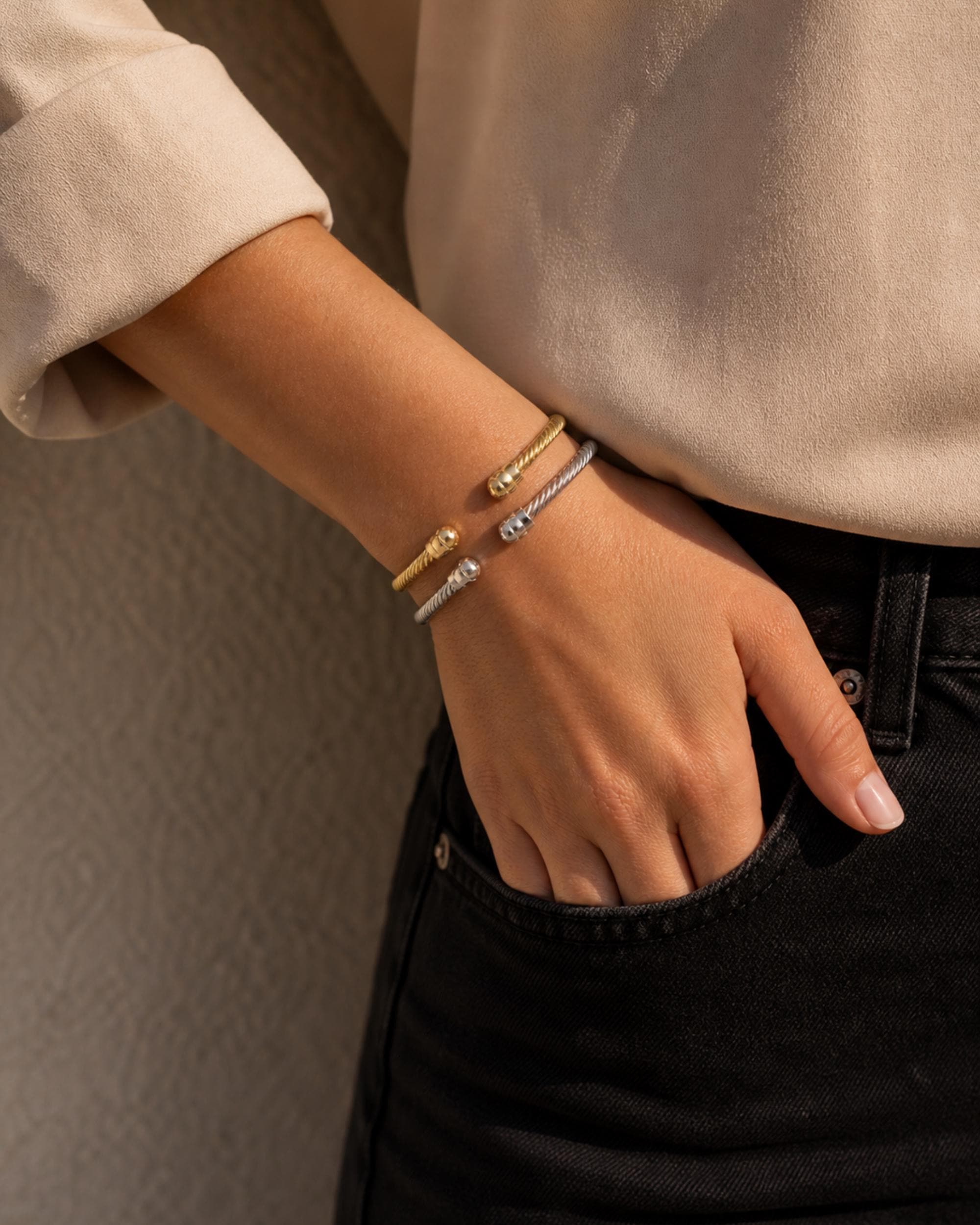 Mixed Metal Cuff Bracelet Set, Gold and Silver Minimalist Jewelry, Everyday Luxury Open Bangle for Women, Quiet Luxury Style