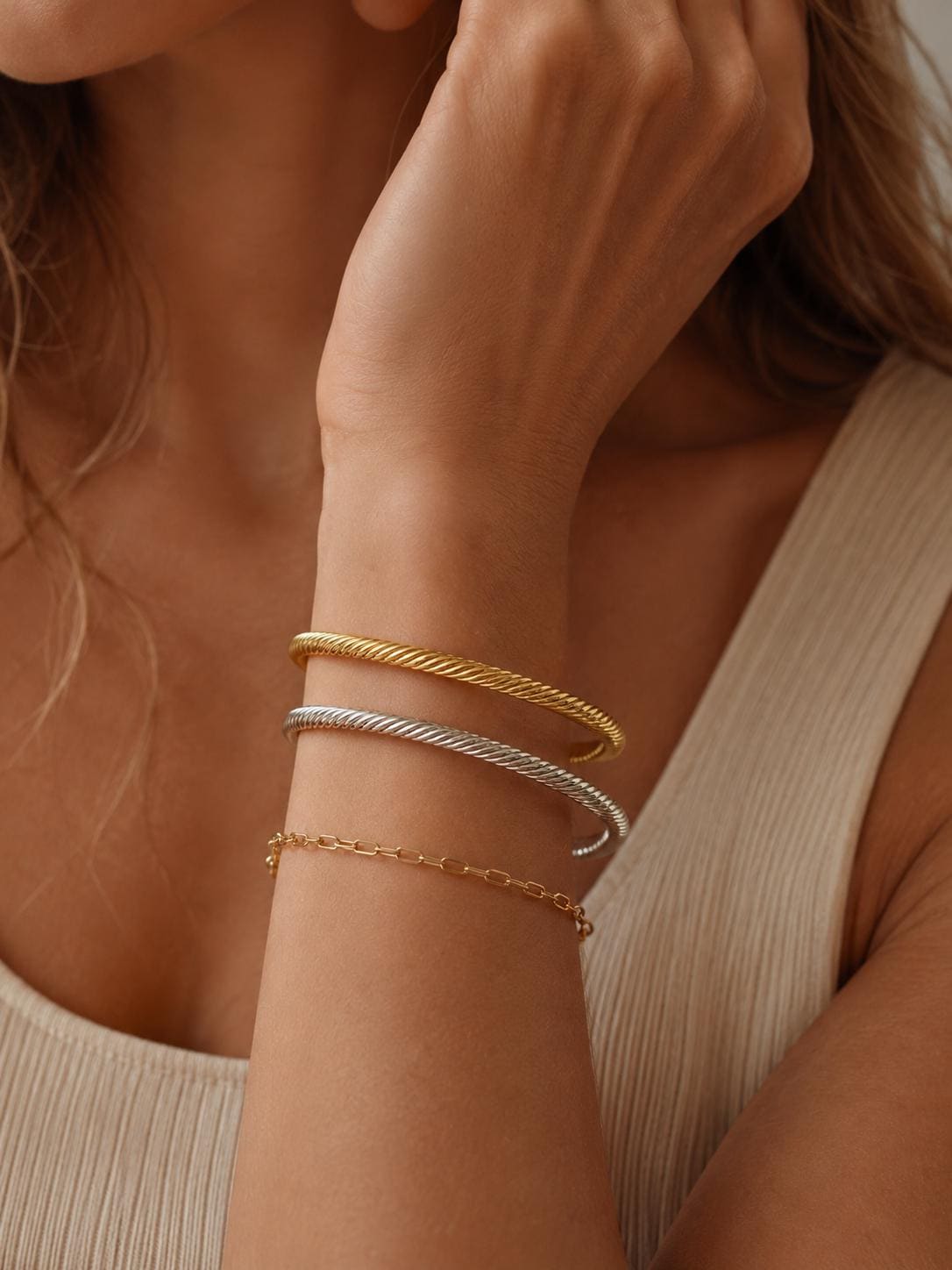 Mixed Metal Cuff Bracelet Set, Gold and Silver Minimalist Jewelry, Everyday Luxury Open Bangle for Women, Quiet Luxury Style
