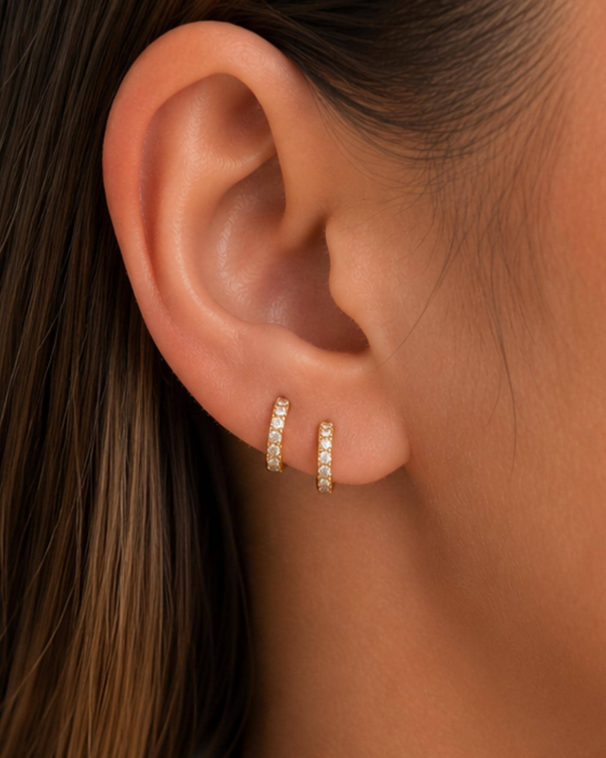 Tiny Gold Huggie Hoop Earrings, 8mm Pave Hoops, Dainty Stacking Earrings, Second Piercing Jewelry, Hypoallergenic Sterling Silver