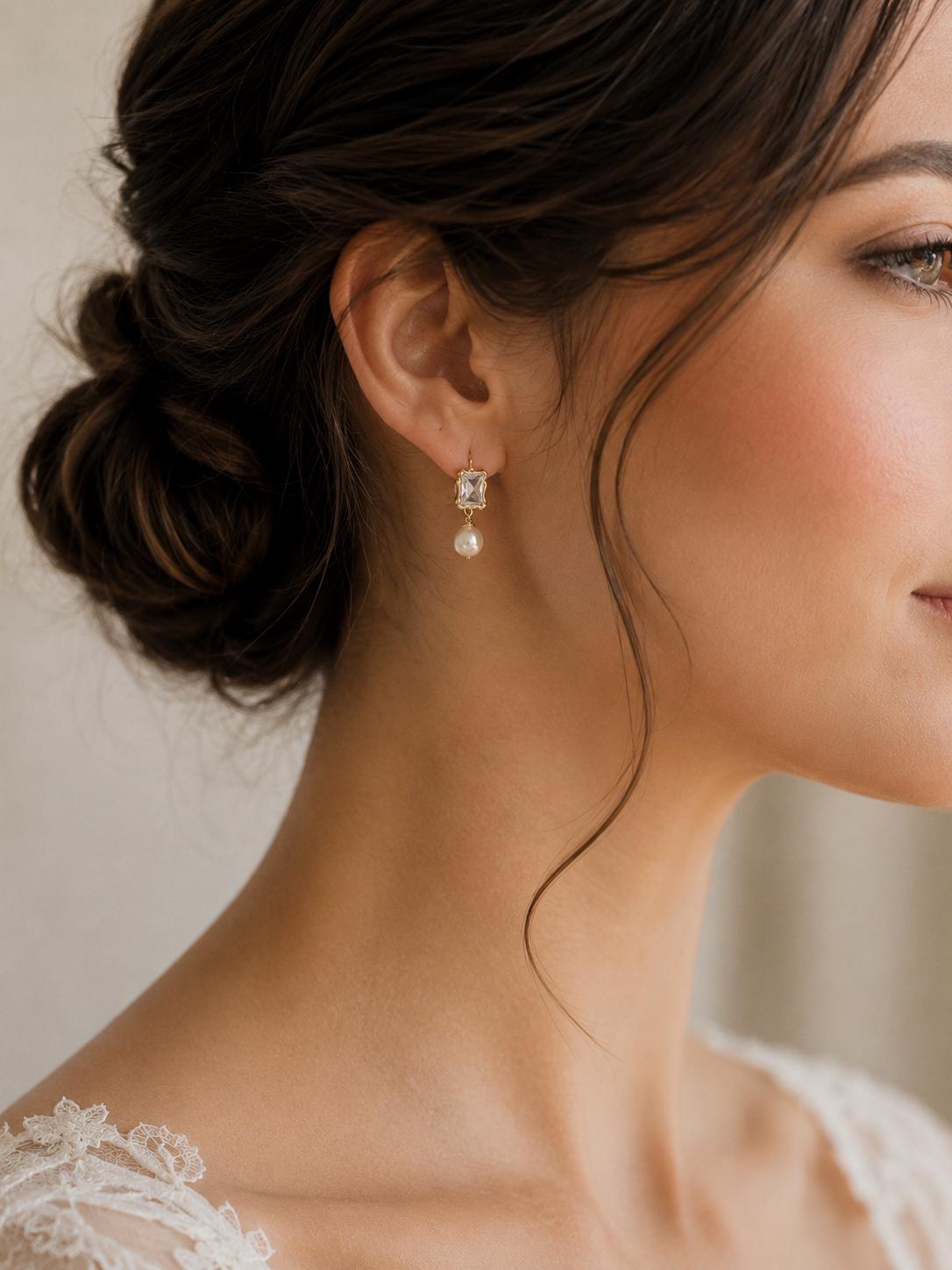 Gold Vermeil Jewelry Bridal Earrings Wedding Pearl Drop Design Vintage Style Crystal Rectangular Stone Frame Bride Gift Keepsake Bridesmaid Formal Event Accessory Sterling Silver Construction Beautiful Bridal Shower Gift Women Elegant