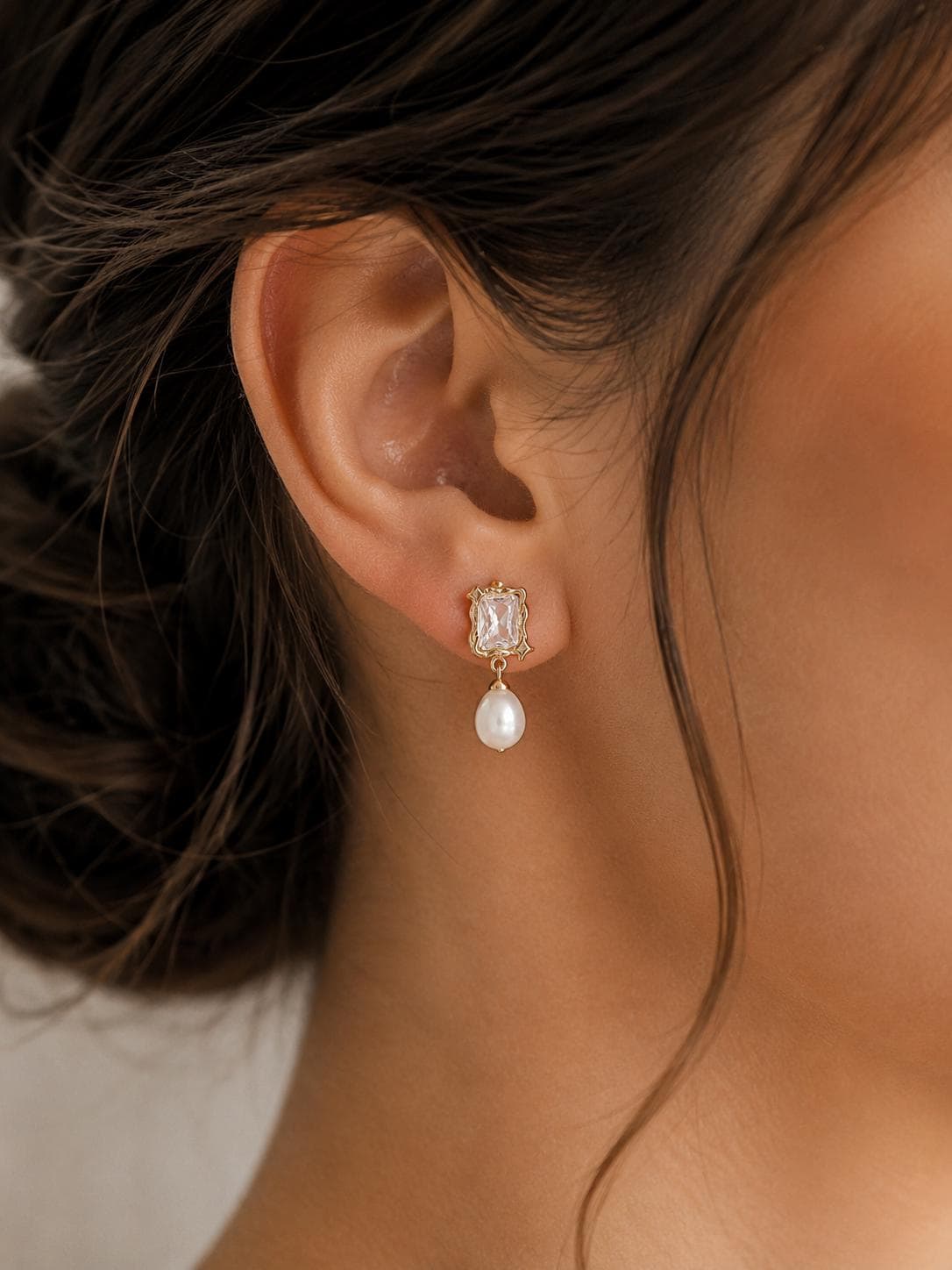 Bridal Earrings Wedding Jewelry Bride Gift Vintage Style Pearl Drop Earring Gold Vermeil Over Sterling Silver Keepsake Bridesmaid Jewelry Formal Event Crystal Accessory Rectangular Stone Design Beautiful Bridal Shower Gift Women Elegant
