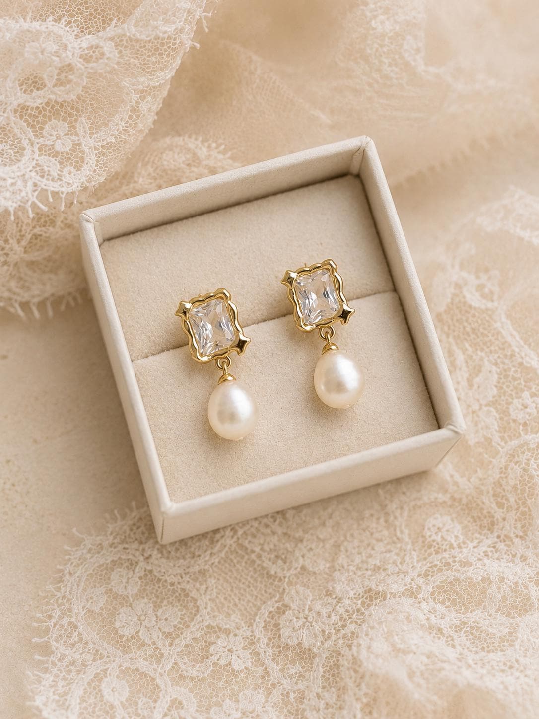 Bridesmaid Jewelry Gift Bridal Earrings Wedding Pearl Drop Design Gold Vermeil Sterling Silver Vintage Style Crystal Rectangular Stone Formal Event Accessory Bride Keepsake Beautiful Bridal Shower Present Classic Elegant Wedding Day Jewelry