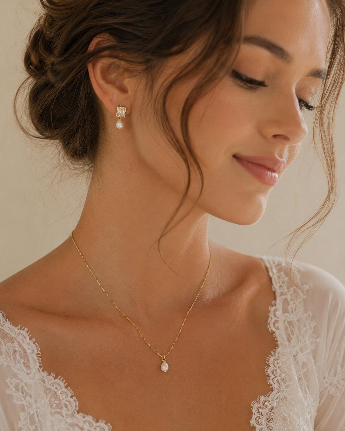 Bridal Jewelry Set Gold Wedding Necklace Pearl Drop Earring Crystal Marquise Stone Studs Bridesmaid Gift Vintage Aesthetic Minimalist
