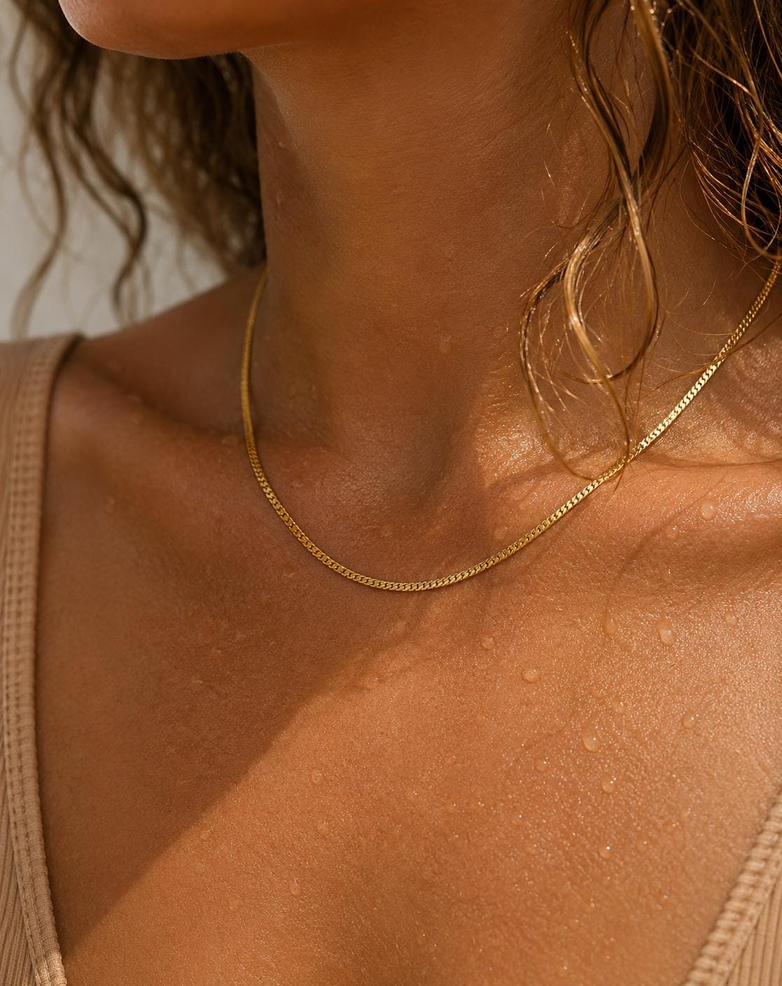 Waterproof Everyday Necklace Dainty Gold Herringbone Chain Never Take Off Jewelry Beach Vacation Layering Necklace
