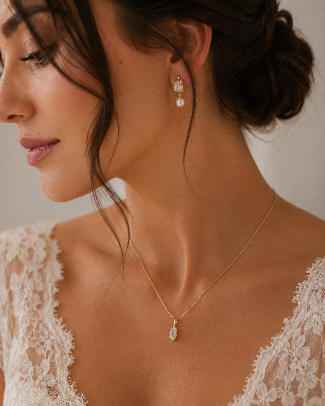 Bridal Jewelry Set Gold Wedding Necklace Pearl Drop Earring Crystal Marquise Stone Studs Bridesmaid Gift Vintage Aesthetic Minimalist