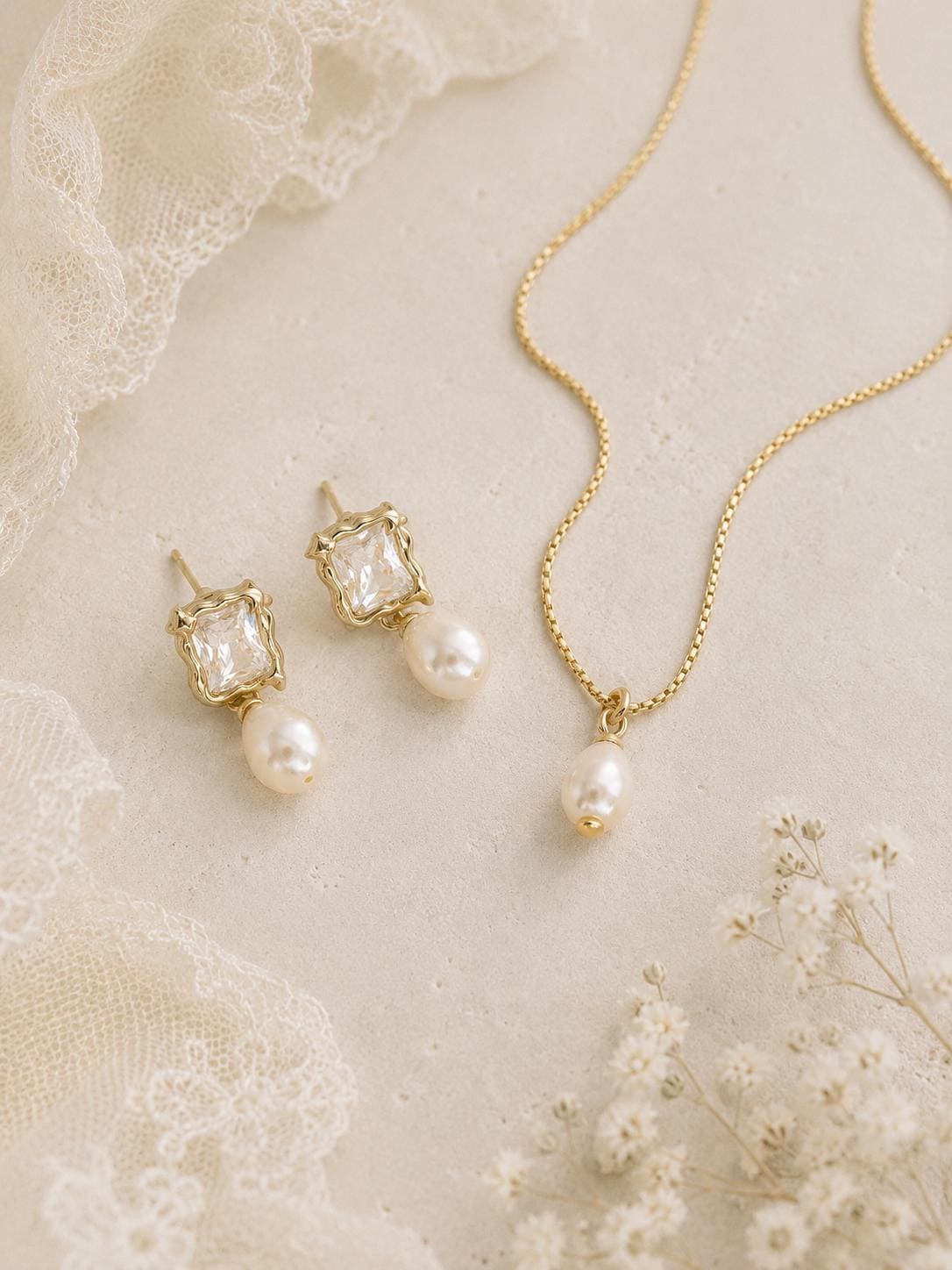 Bridal Jewelry Set Gold Wedding Necklace Pearl Drop Earring Crystal Marquise Stone Studs Bridesmaid Gift Vintage Aesthetic Minimalist