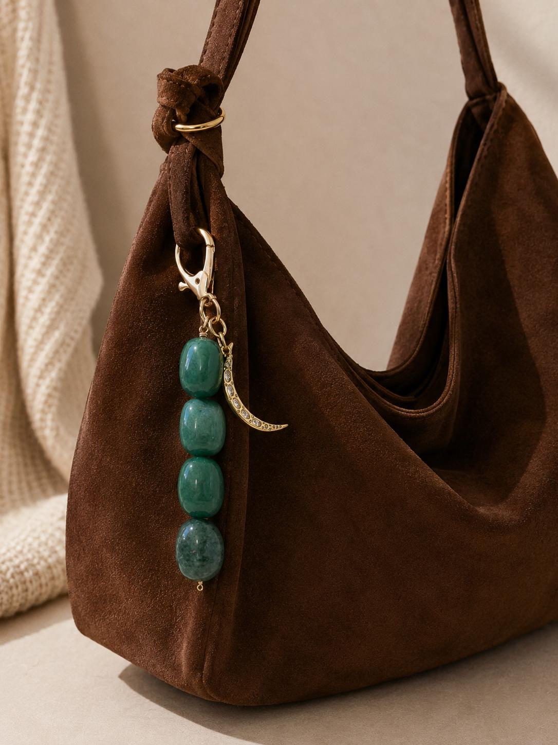 Gemstone Charm Bag Accessory Crescent Moon Celestial Design Natural Stone Beads Spiritual Gift For Friend Crystal Lover Present Boho Keychain Attachment Purse Dangle Ornament Zipper Pull Backpack Embellishment Handbag Styling Tote Tiger Eye