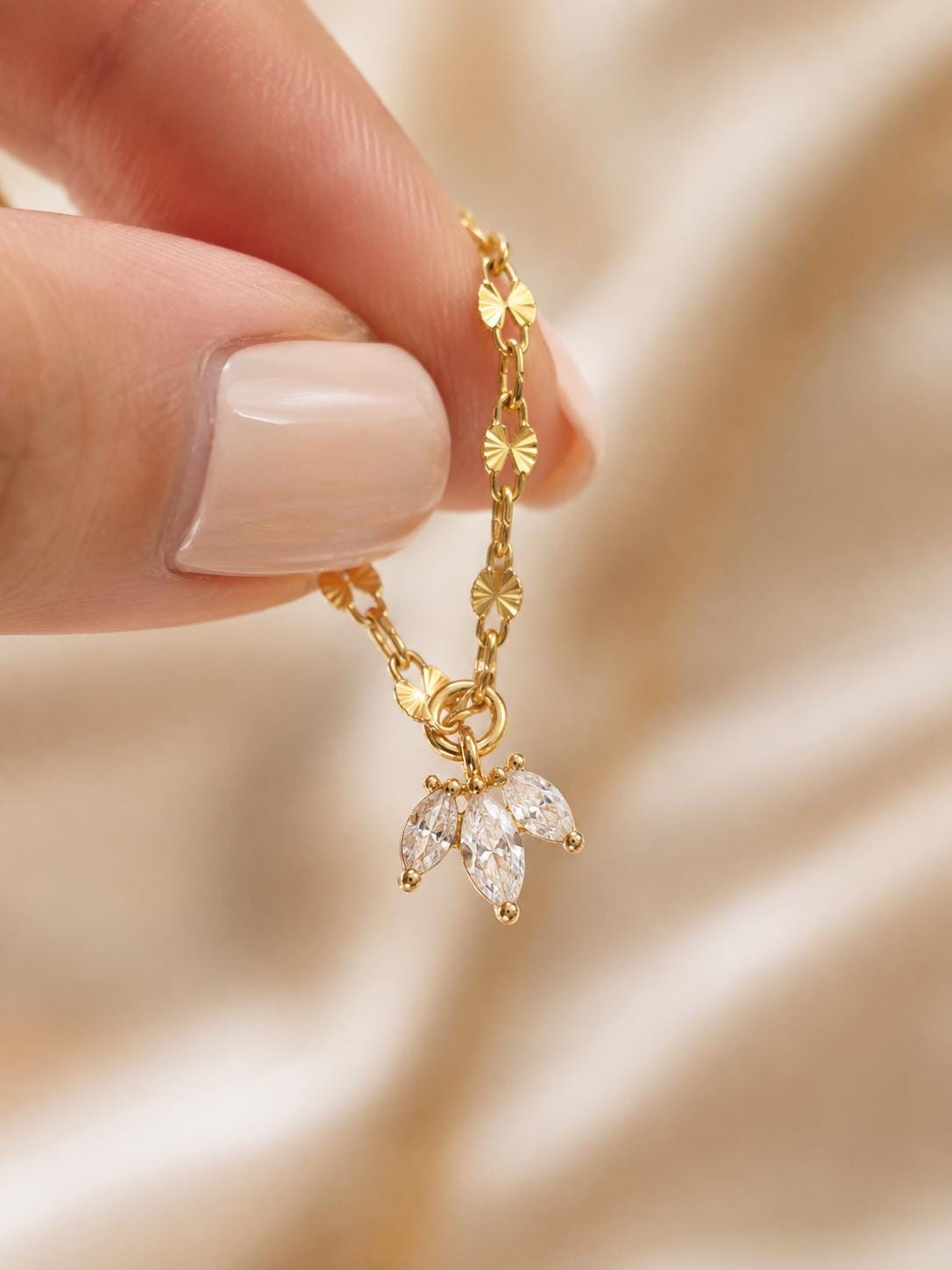Bridesmaid Gift Gold Necklace Marquise Crystal Jewelry Wedding Day Accessory Bridal Party Matching Set Three Stone Leaf Pendant Design Elegant Chain Dainty Layering Piece Perfect Bridal Shower Present Gold Filled Quality Construction