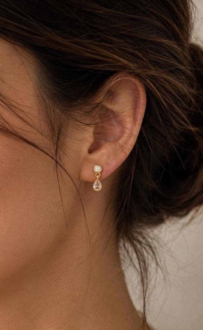 October Birthstone Earrings Opal Gemstone Jewelry Gold Dangle Design Teardrop Crystal Drop Accessory Meaningful Birthday Gift Genuine Opal Stone Round Stud Clear Crystal Drops Elegant Minimalist Style Delicate Feminine Design Perfect