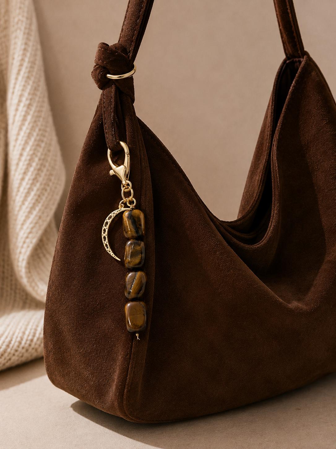 Beaded Bag Accessory Green Gemstone Keychain Charm Natural Crystal Dangle Crescent Moon Celestial Jewelry Spiritual Boho Style Purse Ornament Zipper Pull Attachment Backpack Embellishment Handbag Decoration Gift For Friend Birthday Present