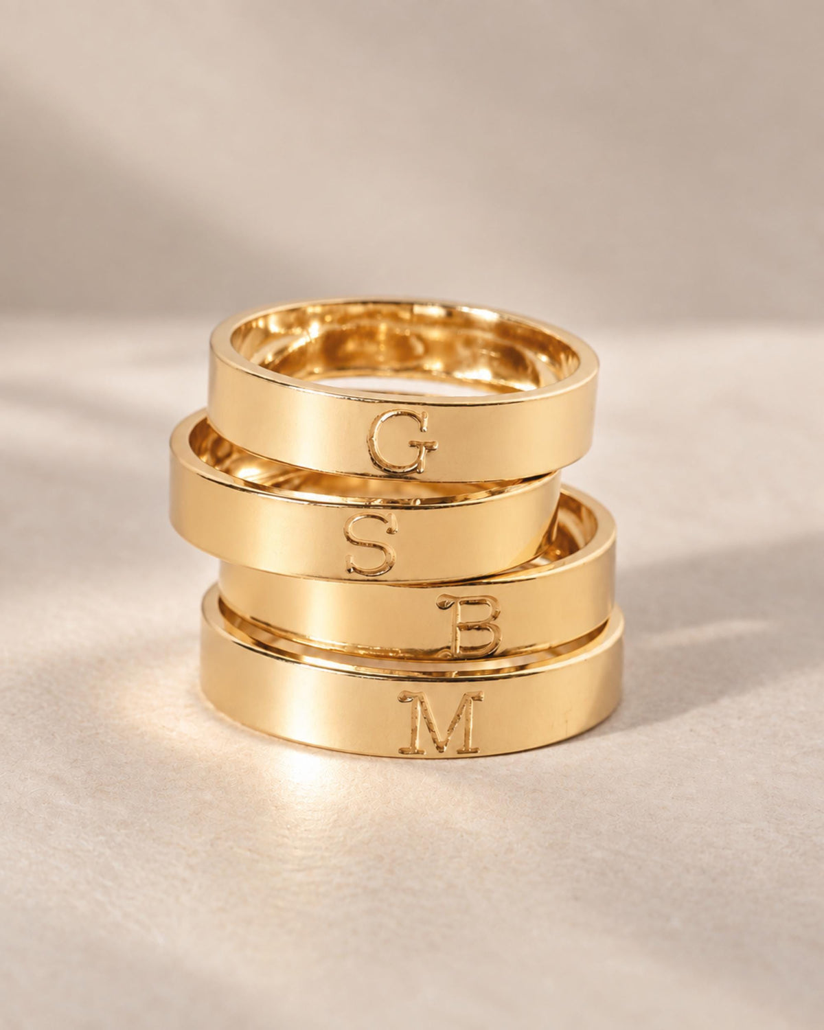 Personalized Jewelry Gift Gold Stackable Rings Initial Letter Band Set Bridesmaid Present Collection Custom Name Engraving Minimalist Design Dainty Everyday Wear Essential Simple Elegant Styling Textured Band Accent Layering Accessory