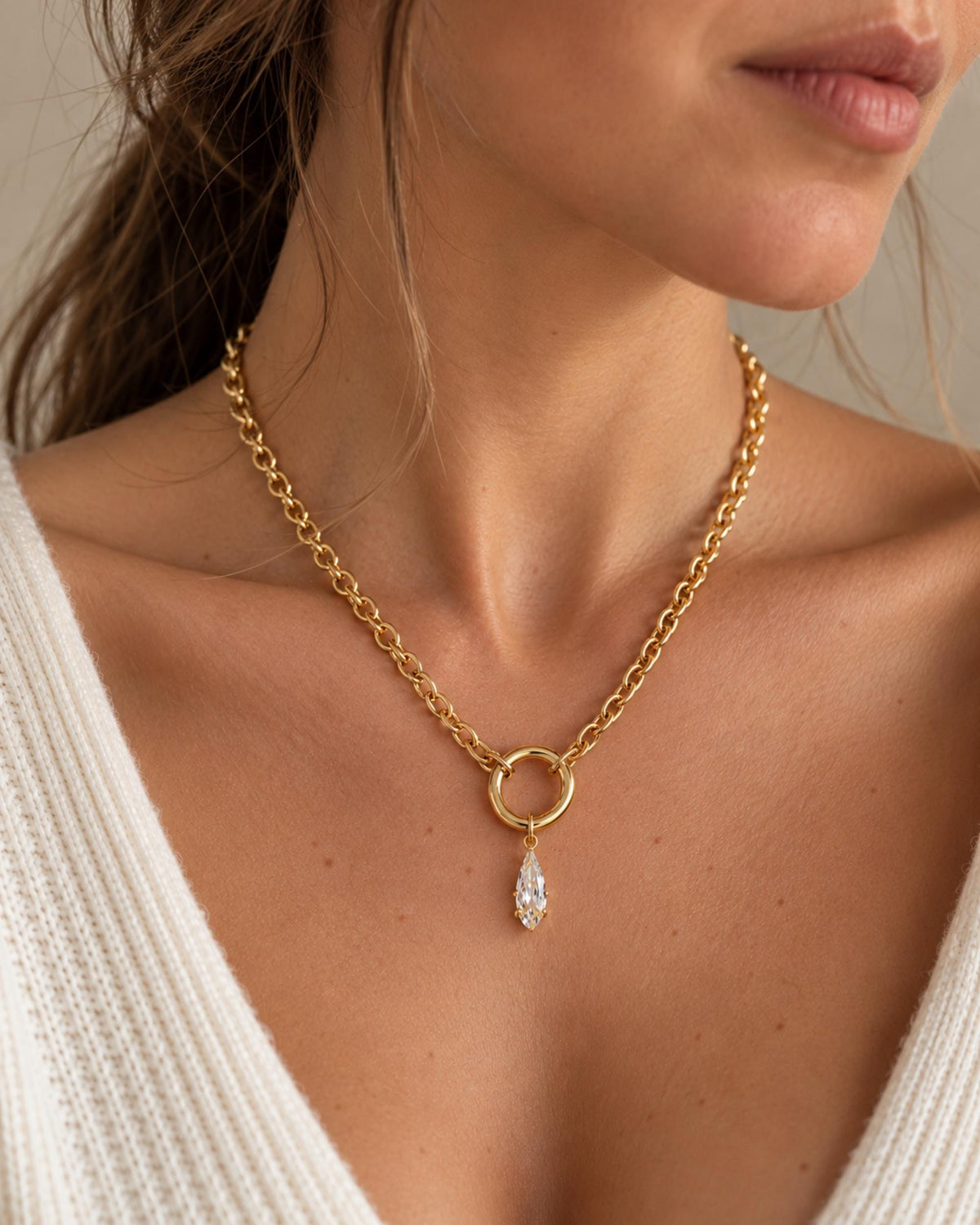 Crystal Teardrop Pendant Charm Holder Statement Jewelry Bridesmaid Gift Bridal Party Wedding Accessory Layering Piece Chunky Link Style Woman Anniversary Present Elegant Design Everyday Wear CZ Crystal Details Beautiful Fashion Collection